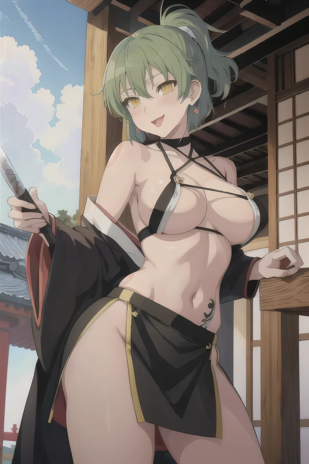  hikage (senran kagura), 1girl, green hair, tongue out, tongue, tattoo, short hair, yellow eyes, knife, licking,  large breasts, weapon, earrings, jewelry, holding, masterpiece, best quality, highly detailed, a anime girls in kimono dress with a sword posing for a
picture, bare shoulder,open kimono, evil smile, open mouth, crop top , (nsfw) not safe for work, smile,
ecchi anime style, anime girls, ecchi style, ecchi, digital anime art!!, in anime style, official artwork, visual
novel cg, beautiful anime girl, anime style 4 k, kimono pencil skirt, exposed belly, exposed navel,
exposed midriff, exposed lower belly, outdoor, japanese architecture, temple