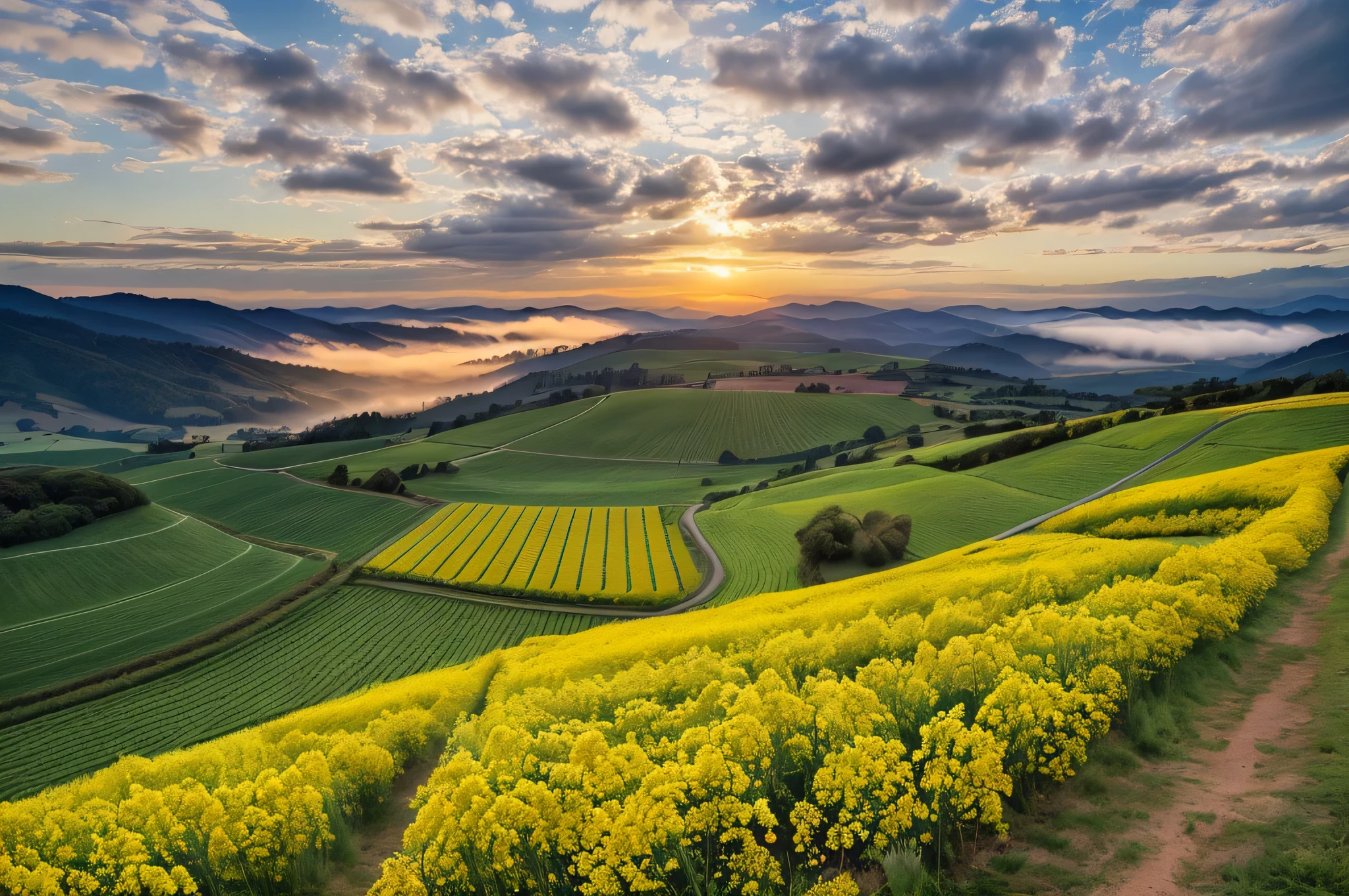 sunrise light and shadow,it&#39;s foggy,Green rapeseed flowers,village,advanced colors,8k,National Geographic award-winning works