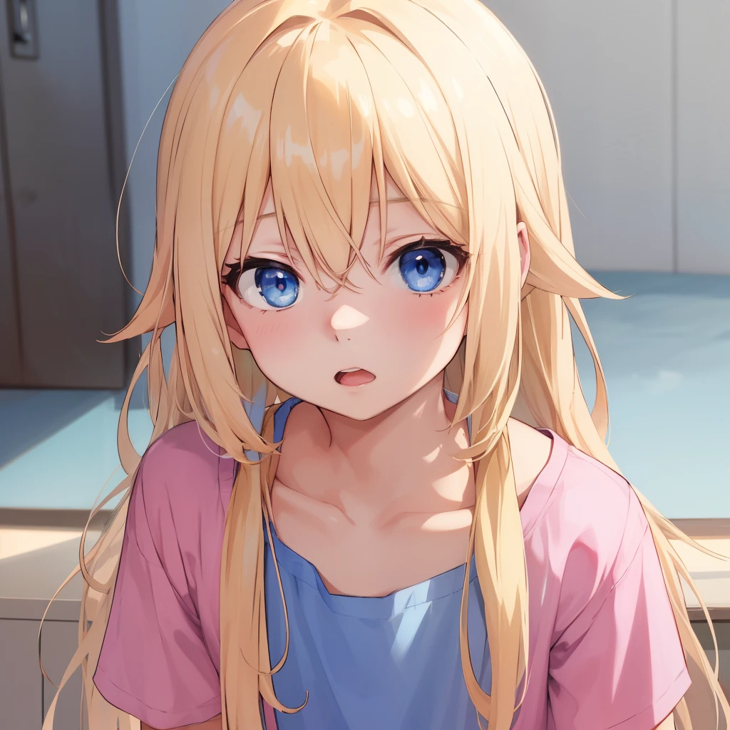 1boy, blonde hair, blue eyes, long hair, pink shirt