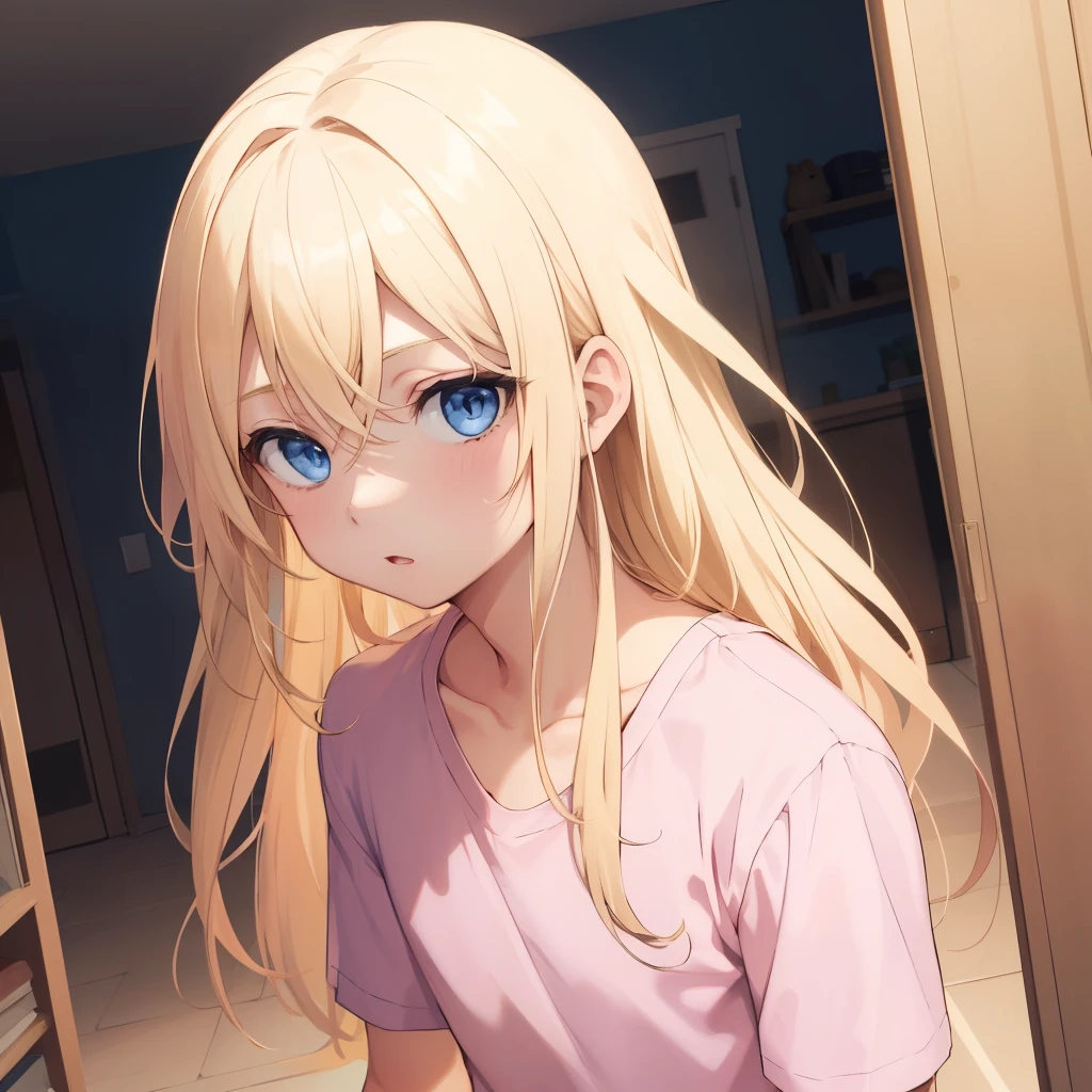 1boy, blonde hair, blue eyes, long hair, pink shirt 
