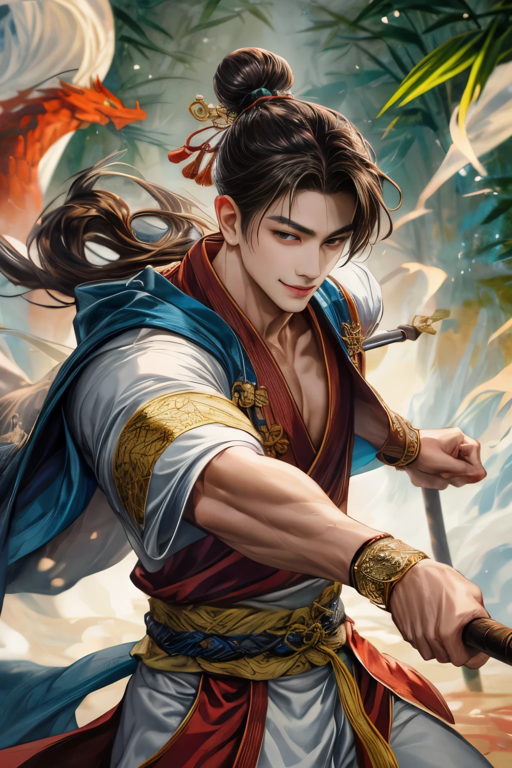 (absurd, intricate details, masterpiece, best quality, high resolution, 8k), 1 person, Pretty boy, Asian, Korean male model, Thin muscular man,6 pack abs and long hair，high bun，dark brown eyes, delicate eyes, and detailed face,Smile， looking at the audience, only, (Style Swirl Magic:0.7), (whole body:0.6), (Chinese fantasy theme:1.1), hair blowing in the wind, martial artist, dynamic poses, Combat stance, Holding a spear, wristband, Dragon themed clothing, robe, Bamboo forest in the background, rotating floating particles, dynamic composition, Mysterious oriental medieval atmosphere, depth of field, Visual effects.