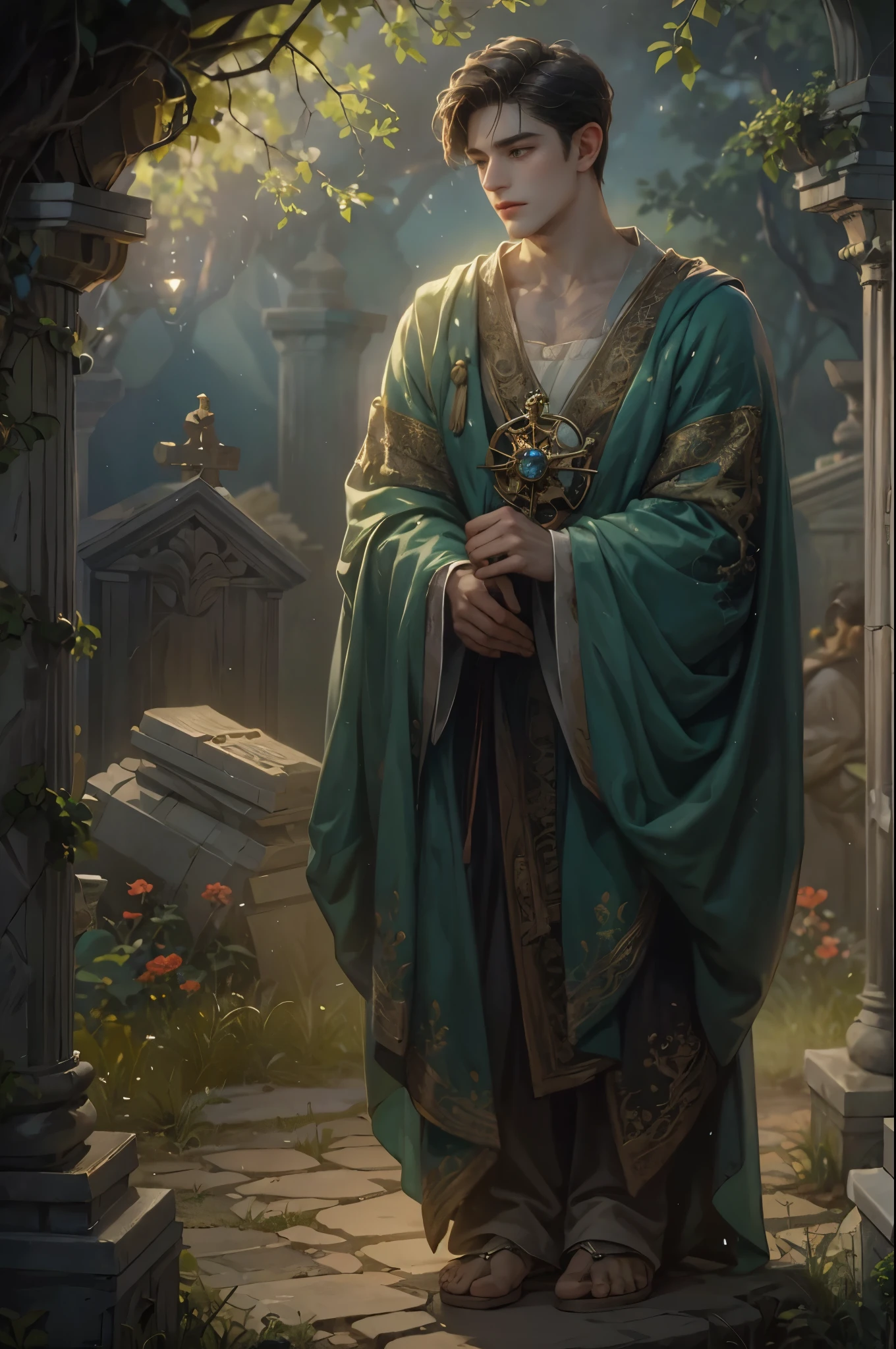 ((Best quality)), ((masterpiece)), (detailed), ((perfect face)), ((halfbody)) Amidst the enigmatic glow of a haunting cemetery at dusk, a handsome young man with the countenance of a biblical hero, wearing a modest yet elegant robe, saunters along the weathered stone path. As he approaches the hauntingly beautiful tomb adorned with spectral steeds, he encounters a wise and enigmatic boy lad in a garment reminiscent of the ancient times. Joined by faith and curiosity, they traverse the dimly lit, yet captivatingly eerie attractions, unveiling hidden truths and unraveling the divine mysteries concealed within the heart of this eerie sanctuary.