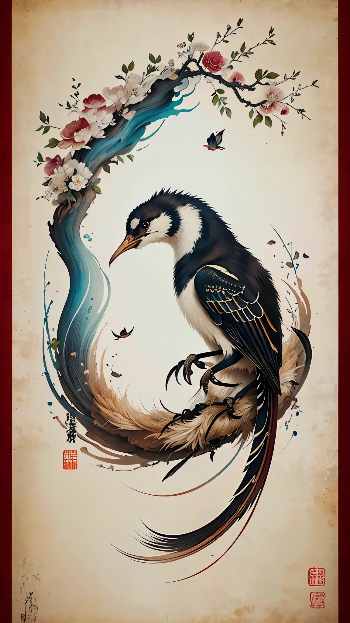 (highest quality、4k、8k、High resolution、masterpiece:1.2)、Super detailed、real、photorealistic:1.37、traditional chinese painting、scroll painting、Art style of Wu Guanzhong、hanging scroll, animal portrait, ink painting、Animal Illustration、real brush strokes、detailed animals、exquisite Chinese brushstrokes、vivid colors、delicate shadows、subtle ink marks、beautiful composition、graceful theme、harmonious composition、peaceful landscape、Ethereal atmosphere、aesthetic beauty、Majestic presence、calm expression、Attention to eye and facial featureeticulously rendered fur and feathers、incredible animal poses、naturalistic animal anatomy、subtle changes in texture、traditional chinese motifs、Expressive brushstrokes、poetic interpretation of nature、attractive and elegant、mesmerizing artwork、rich cultural heritage、artistic mastery、historical significance。