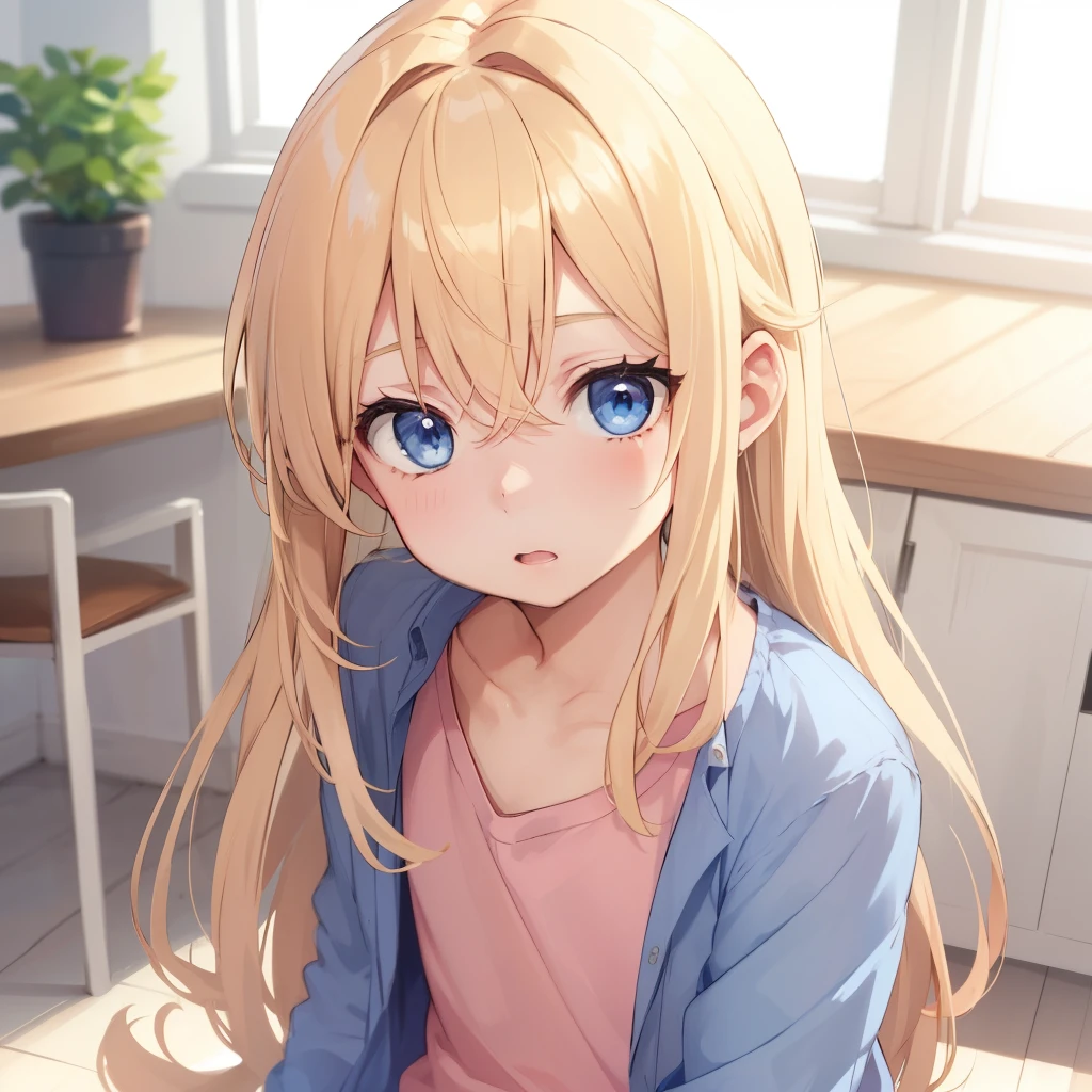 1boy, blonde hair, blue eyes, long hair, pink shirt