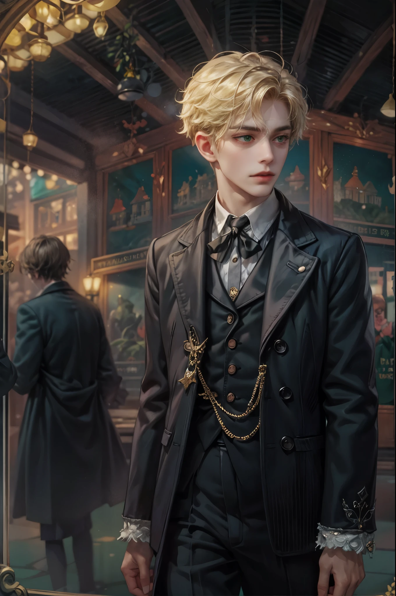 ((Best quality)), ((masterpiece)), (detailed), ((perfect face)), ((halfbody)) In the eerie twilight of a hauntingly beautiful carnival, a dashing young blonde boy with piercing green eyes and raven hair, clad in a vintage black suit, confidently strolls along the cobblestone path. As he passes by the enigmatic booths with its that lie within the heart of this eerie wonderland.