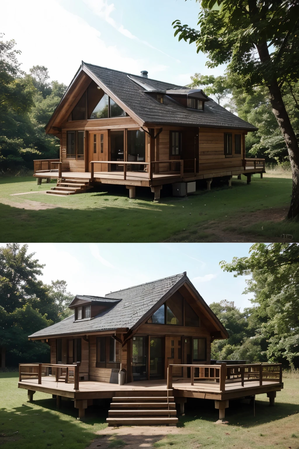 There is a wooden platform built on the grass in the forest，There is a wooden house built on the wooden platform，It&#39;s that modern style wooden house，with large glass windows，There are wooden tables and chairs on the stage，