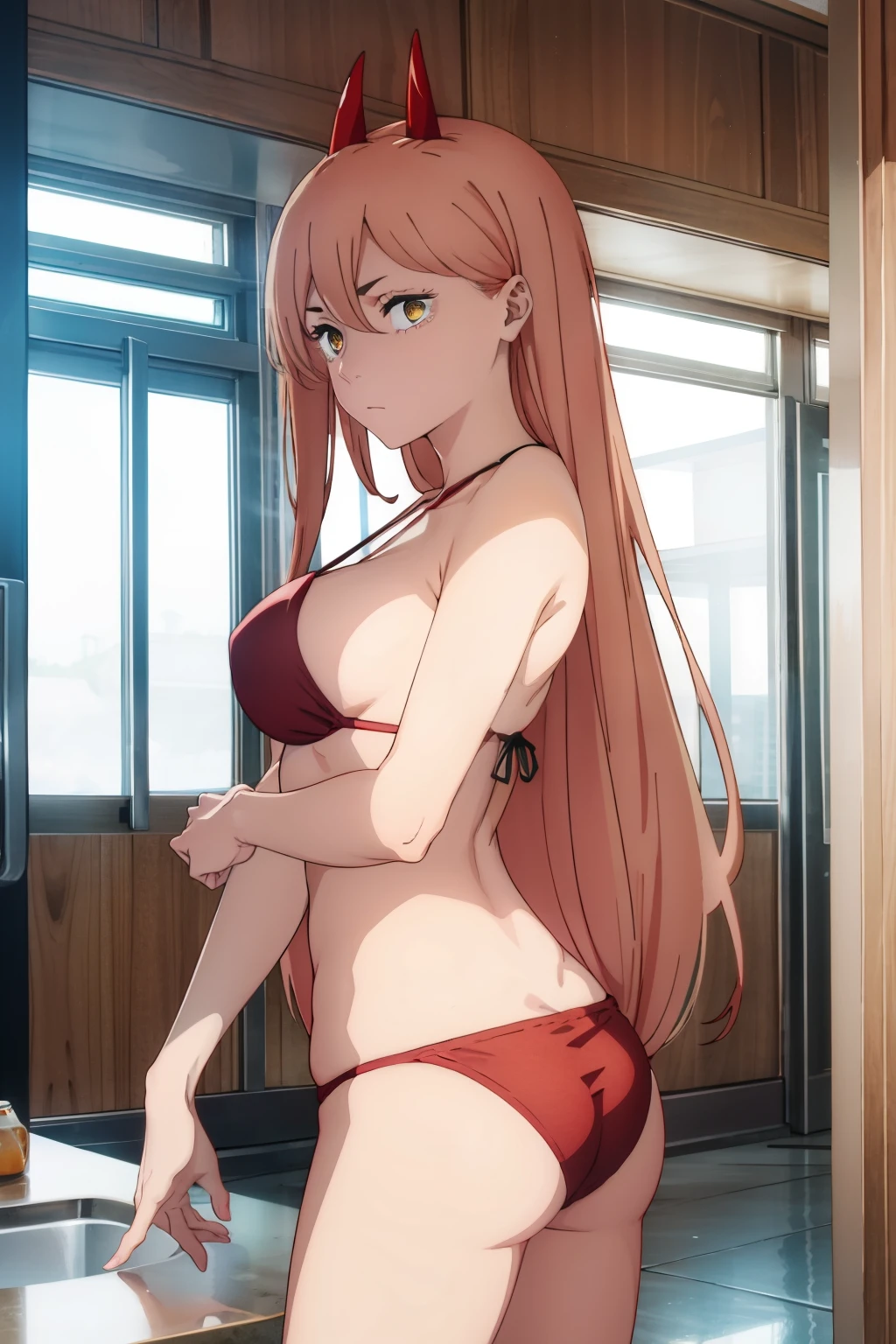 female, mature, adult, girl, alone, horn, red horn, long hair,, , cross-shaped pupil, yellow eyes, pink hair, demon horn、F cup breasticro bikini wear