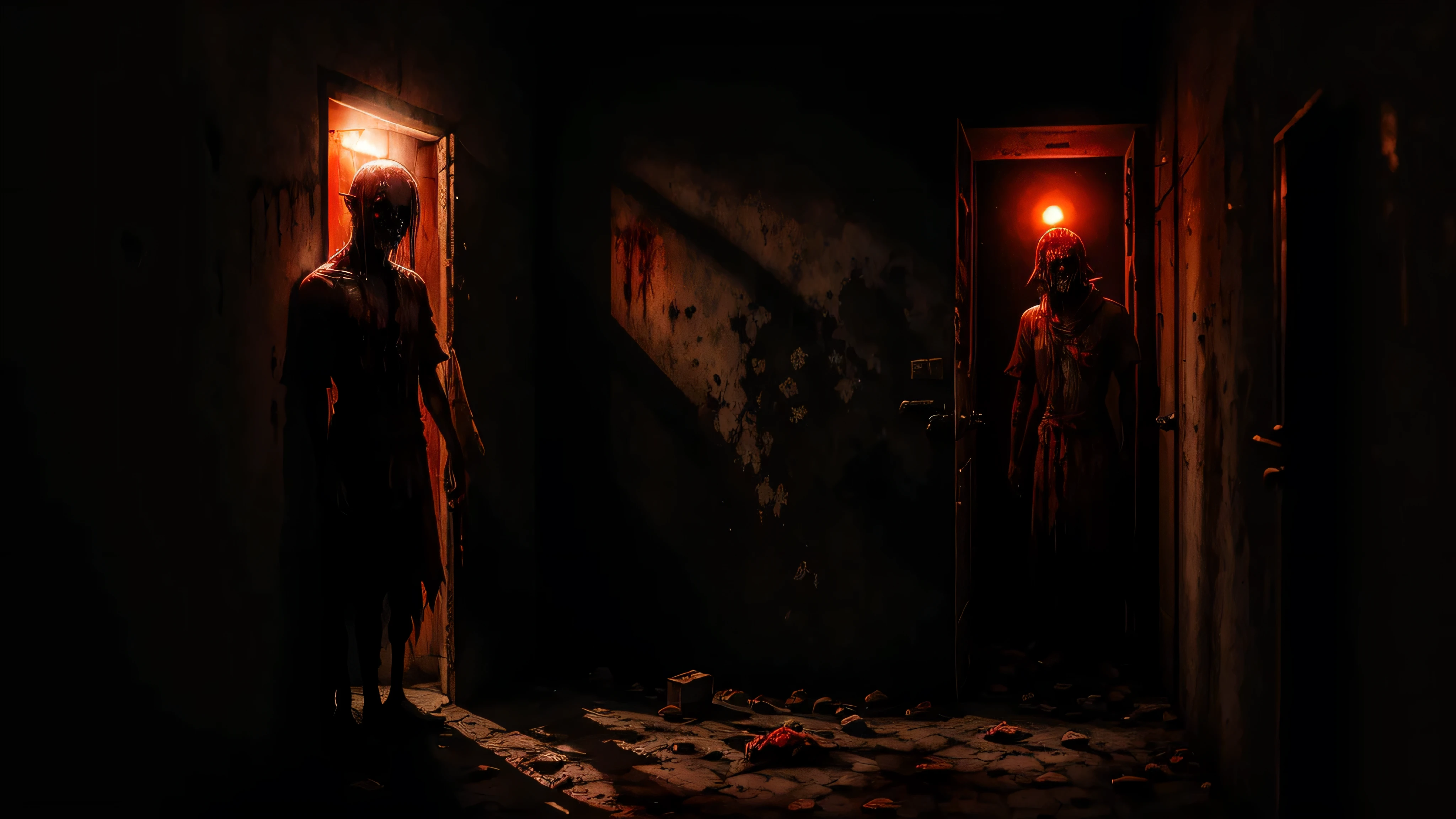 Banheira cheia de sangue,um zumbi parado no canto do banheiro escuro, blood on the ground