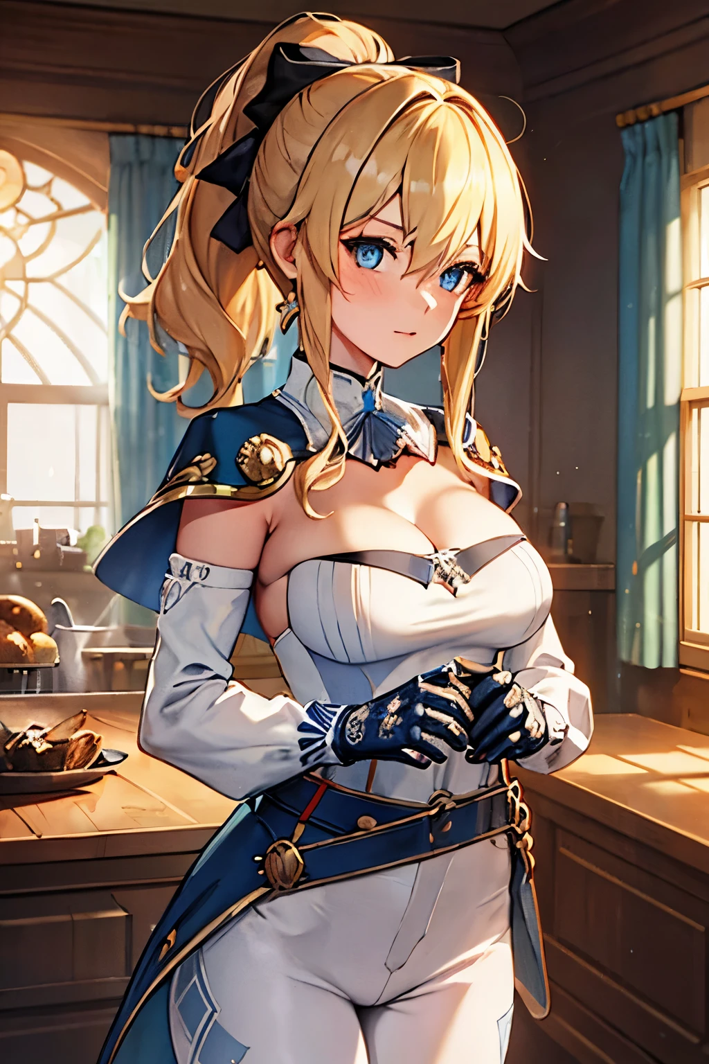 jean, jean, long hair, bangs, blue eyes, blonde hair, bow, hair between eyes, ponytail, hair bow, sidelocks, BREAK gloves, belt, capelet, cleavage, pants, white pants, detached sleeves, detached collar, BREAK outdoors, BREAK looking at viewer, (cowboy shot:1.5), BREAK (masterpiece:1.2), best quality, high resolution, unity 8k wallpaper, (illustration:0.8), (beautiful detailed eyes:1.6), extremely detailed face, perfect lighting, extremely detailed CG, (perfect hands, perfect anatomy),