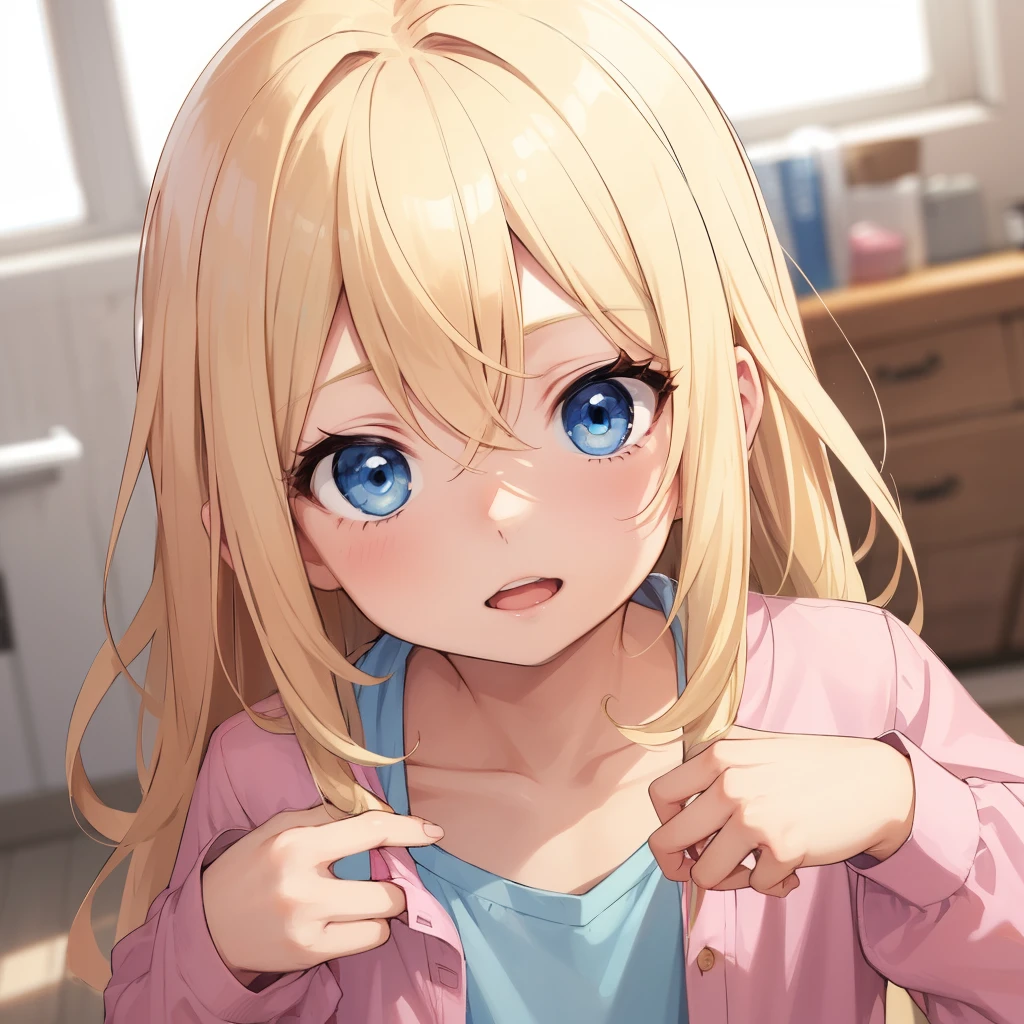 1boy, blonde hair, blue eyes, long hair, pink shirt