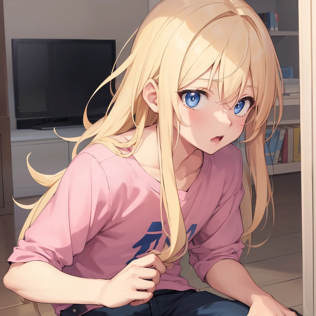 1boy, blonde hair, blue eyes, long hair, pink shirt