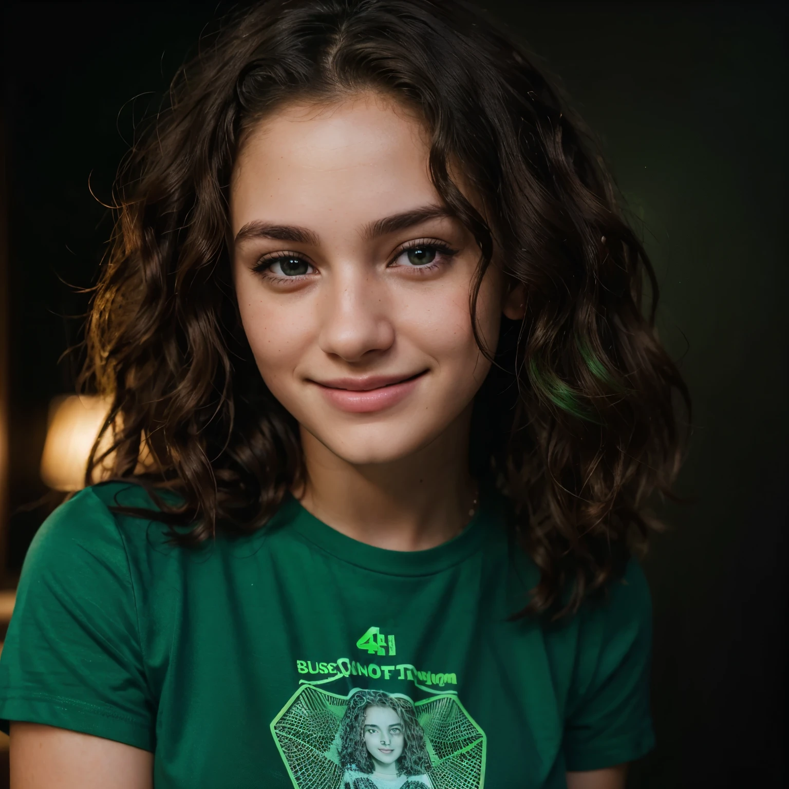 ((high resolution)), ((pale skin)), freckled, Millie Bobby Brown, blushing cheeks, wavy hair, smiling, dressed as Green Lantern