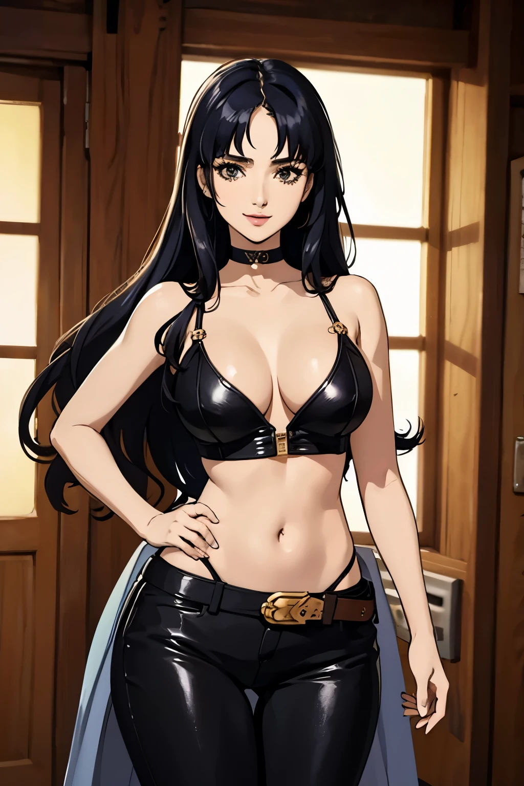 long hair, choker. busty (((DD-size breasts))), wide hips. lythe figure, curvy, voluptuous figure, sexy pirate, Puff Sleeve Chemise Top with plunging neckline, tight pirate pants, posing on a pirate ship, mischievous smile, trending on Artstation, digital art, 20-year-old ( face a combination of Ana de Armas and Salma Hayek), seductive, devious smile, arched eyebrows, gorgeous goddess, anime style, HD, UHD, wavy hair, golden nose ring, gazing lovingly at the viewer,