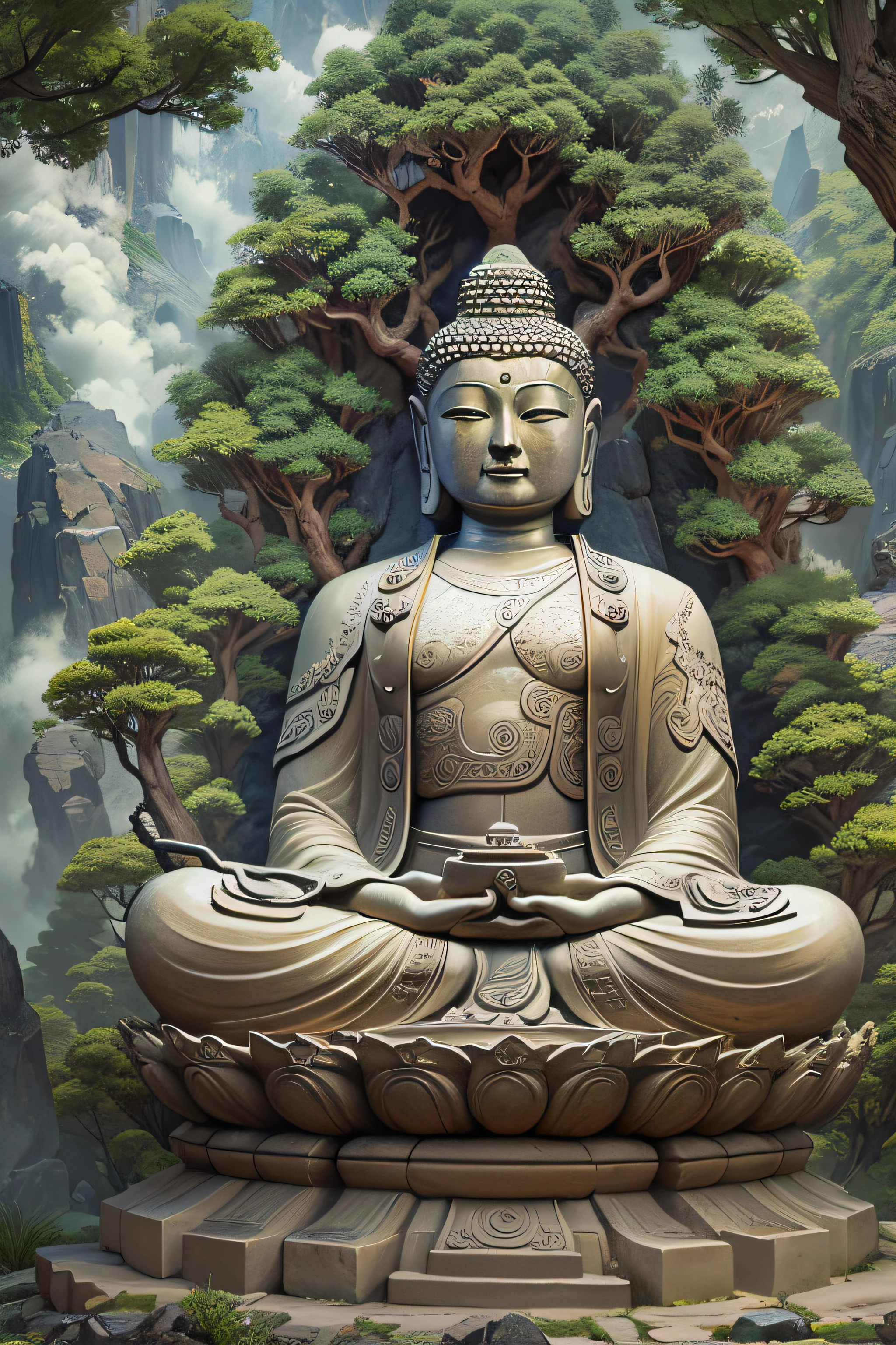 there is a stone statue carving mountain into Maitreya Buddha, hyper realistic