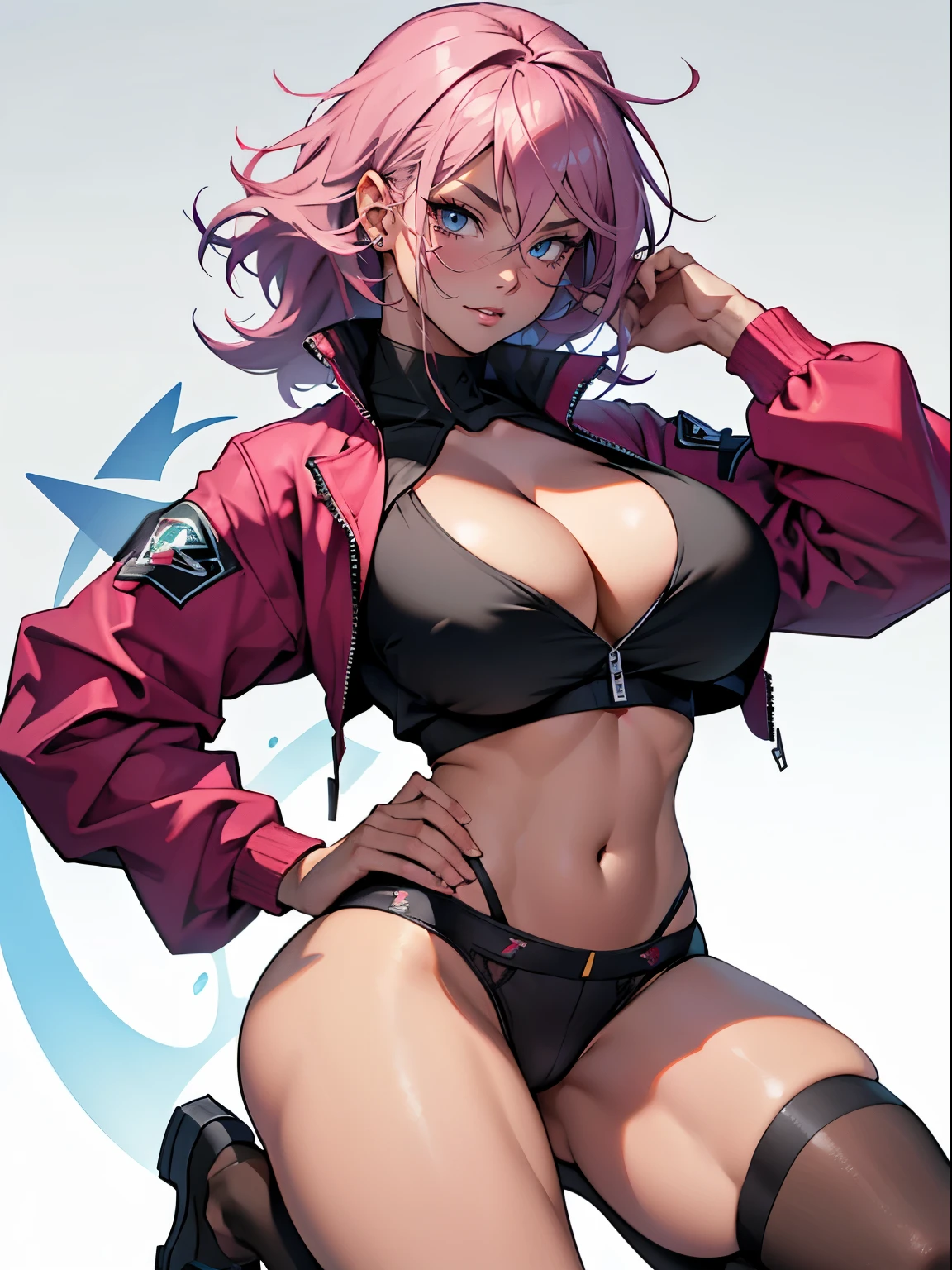 masterpiece, ultra-detailliert, 8k, hiquality, Top image quality, digitial illustration, Seductive Anime Girl, Combative posing, Depiction of dense hair, Detailed eye depiction, appearance Splash paint background in colors, Center, ((open clothes:1.3))、((crop top:1.3))、((cleavage:1.3))、((crop top navel))、((panty peek))、((huge breasts:1.3))、((huge hip:1.3))、((thick thighs))、Sharp Focus, draw the full body, Glossy realistic skin texture, ((Hover effect:1.2)), Precise human body structure