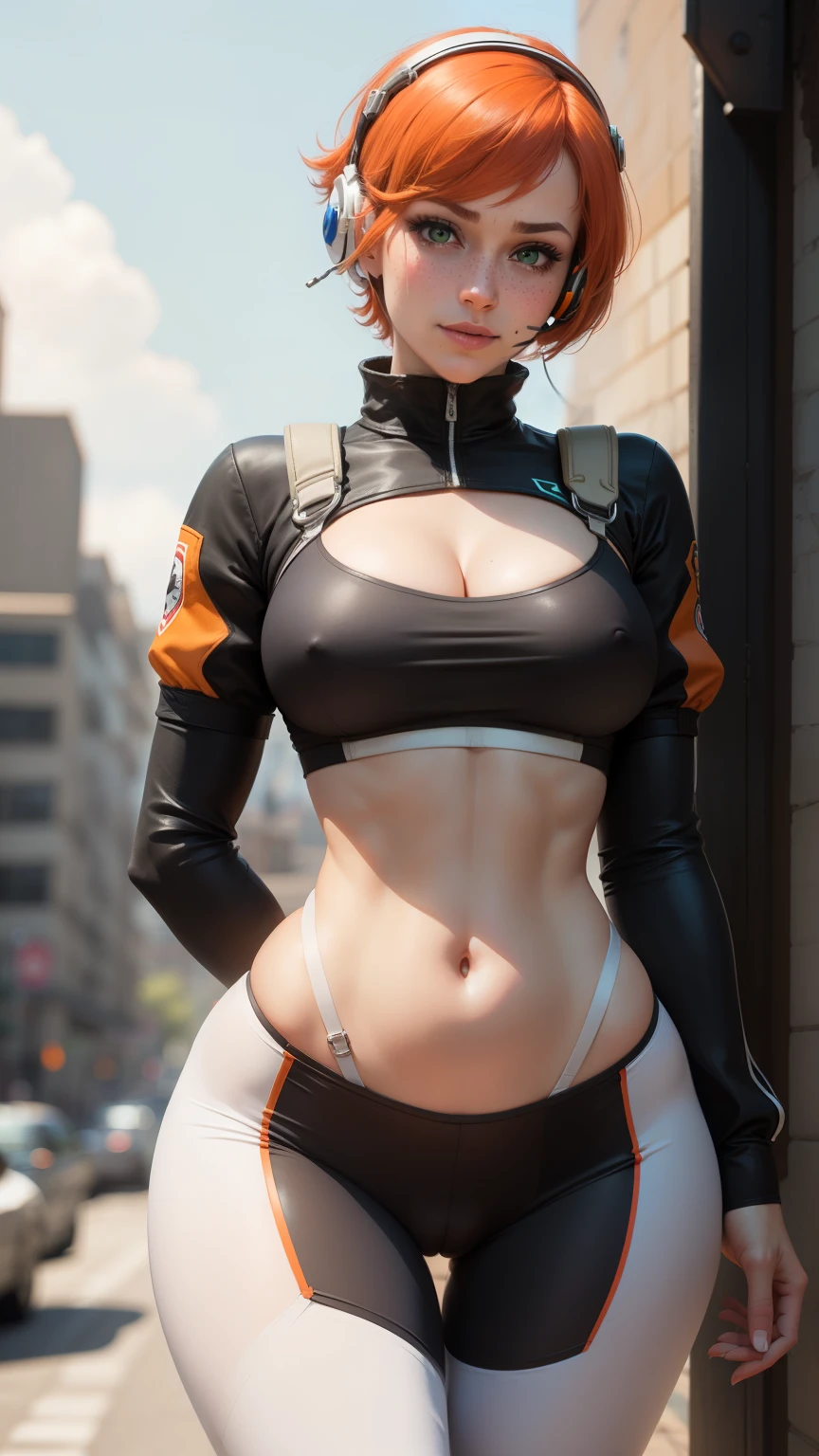 gwen tennyson,1girl,tracer,elsa,rebecca chambers,overwatch,gundam,close up,mecha pilot,aircraft carrier,white and rose cleaving plugsuit,hair pin,cleaving pirate corset, white long sleeve lycra top,orange leggings,short hair,cute makeup,green eyes,orange and blue hair,shy smile, freckles,redhead,beautiful girl,large cleaved breasts, (saggy breasts),ultra detailed,realistic,fantasy art, gaming headset, pilot jacket,helicopter, (perky nipples), (((wide cameltoe view:1.2))), ((large muscular bulging hips)), ((cleavage)), ((thin waist)), ((perfect body)), (((ashamed, blushing)))