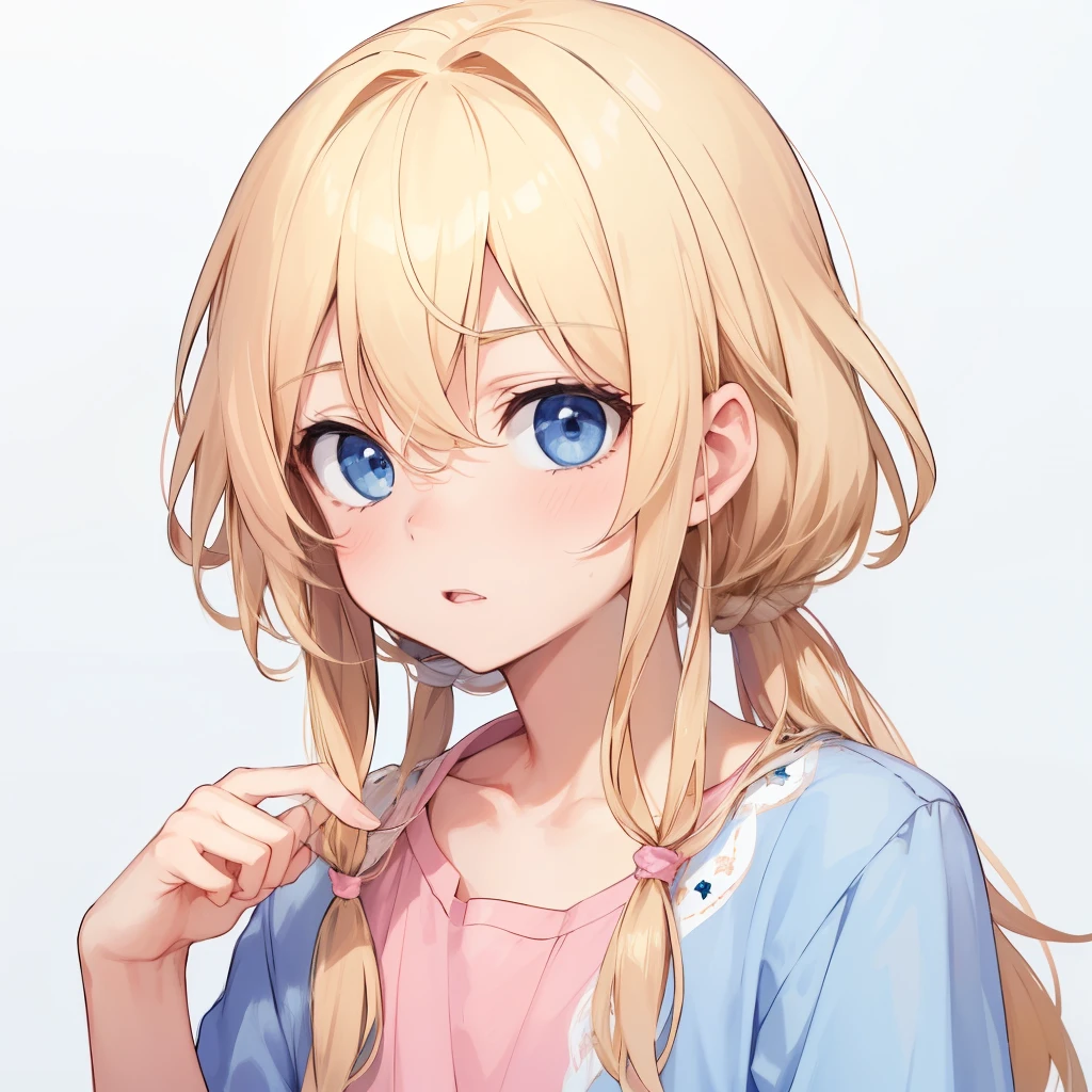 1boy, blonde hair, blue eyes, long hair, pink shirt