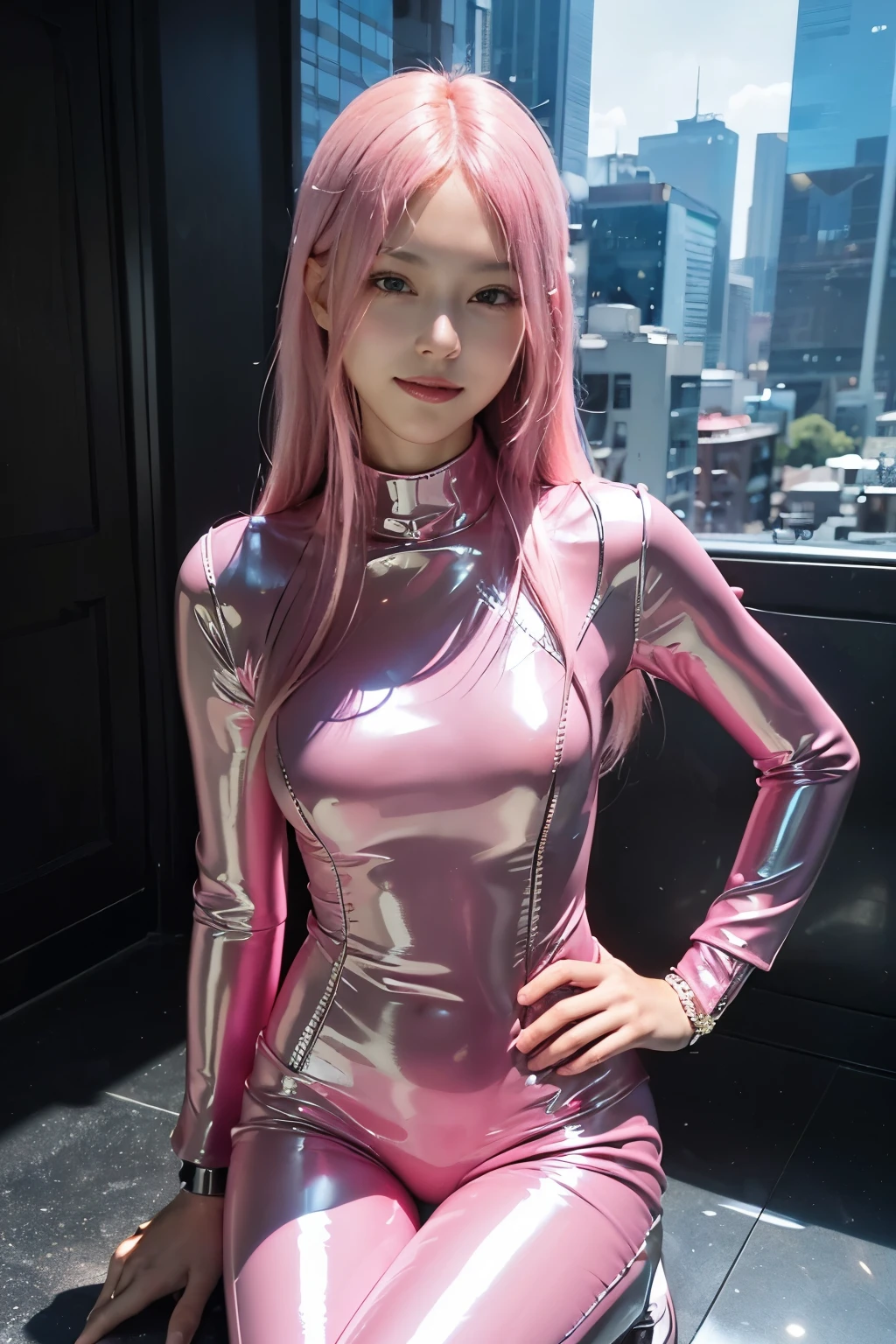 Araffe in a shiny pink outfit posing for a picture - SeaArt AI