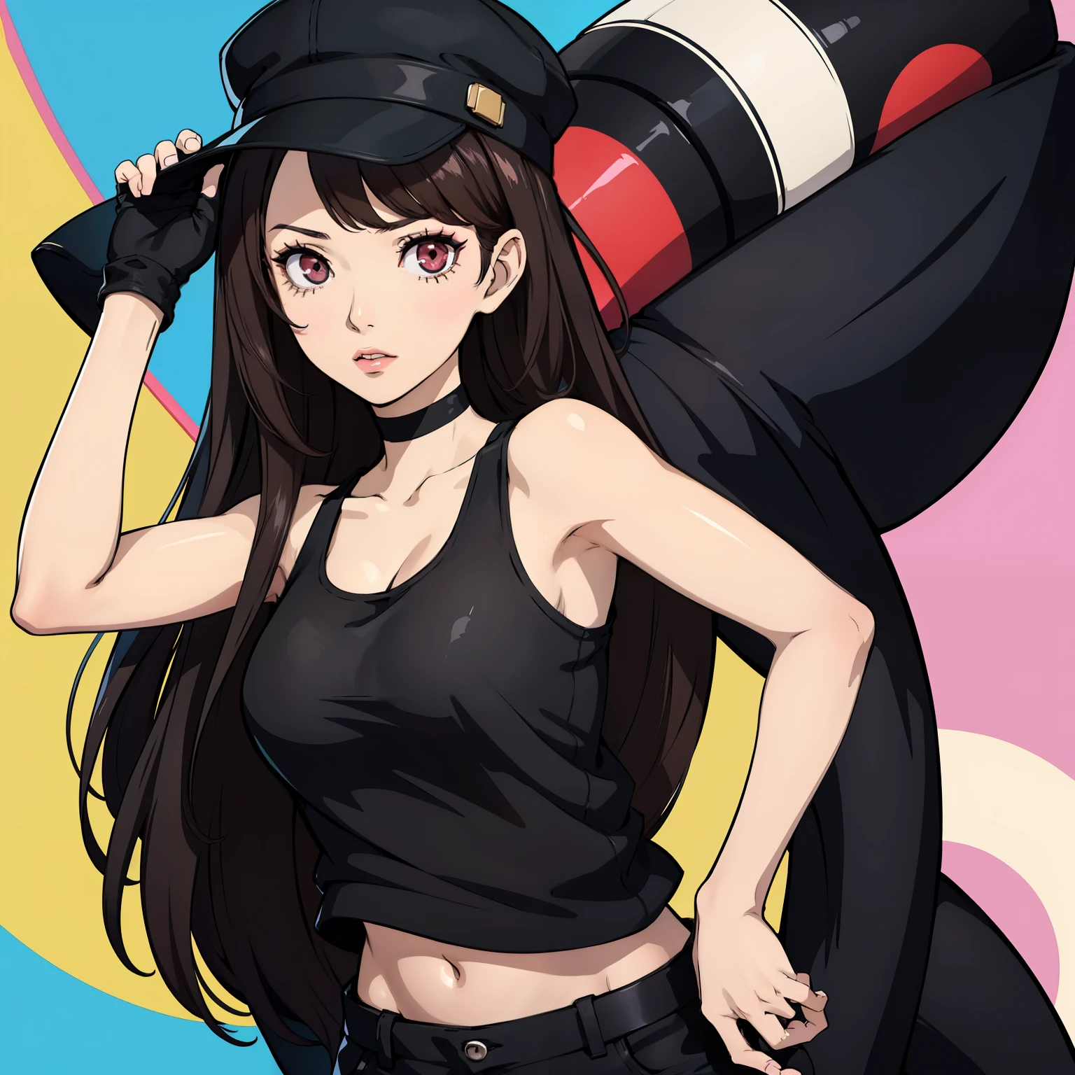 Sexy woman with long, sleek brown hair and dyed strands, wearing a stylish black cap. She has stunning makeup with black eyeliner and glossy lips, complementing her perfect face. She is dressed in a pink crop top, black skinny pants, and sneakers, showcasing her amazing fit body.