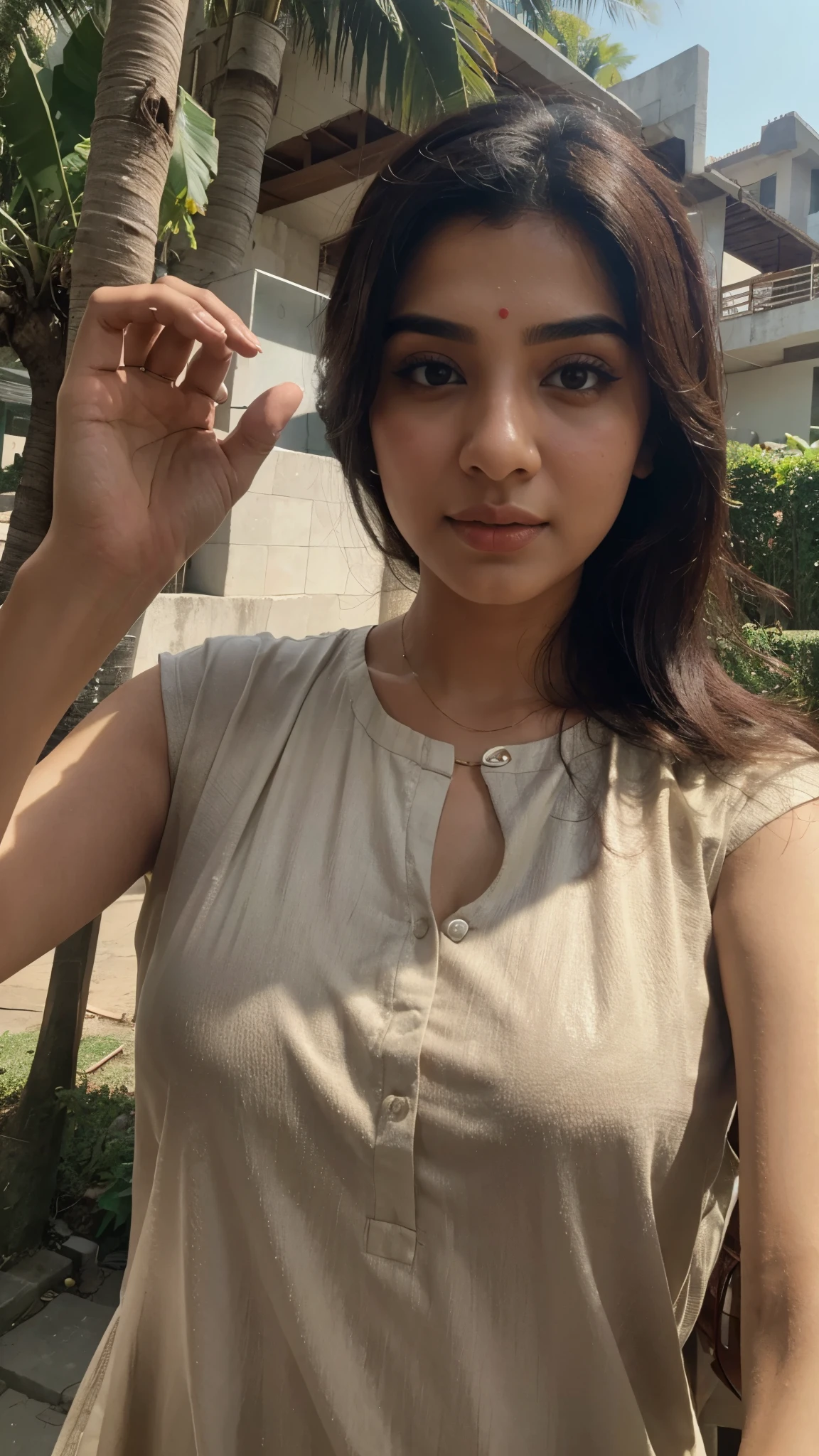 Pakistani actress, pinterest, taking a selfie, Indonesia background, hand hidden, light skin, no hand shown, half body, close up
