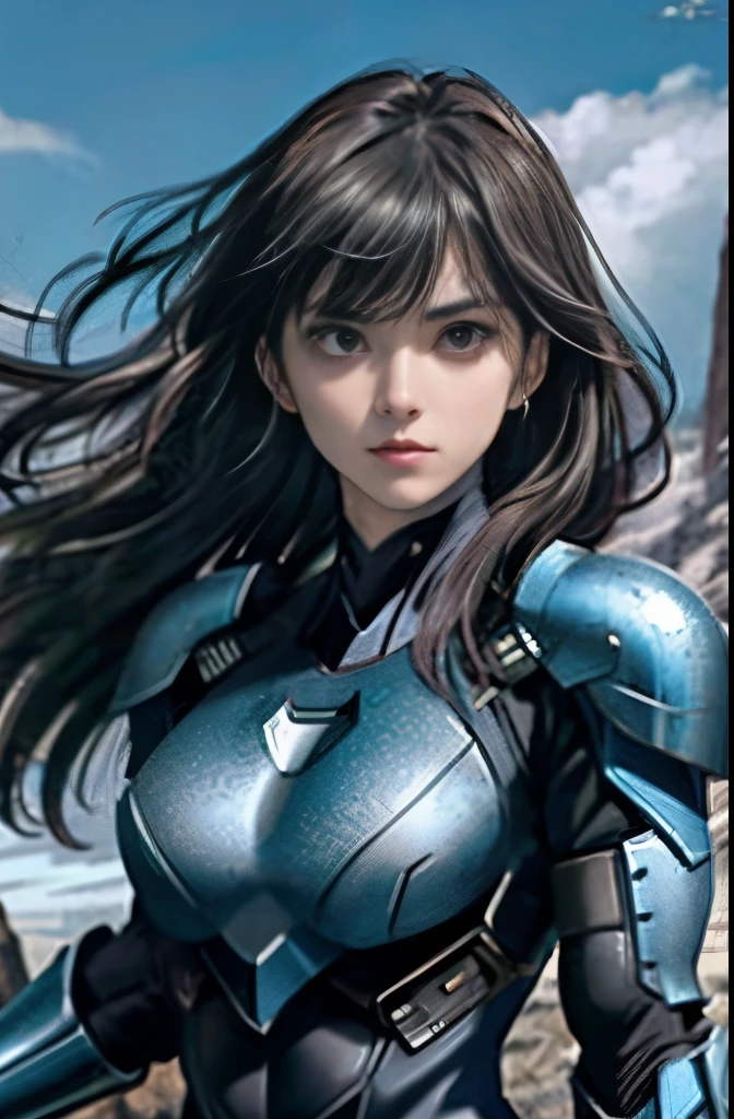 highest quality、special effects、superhero、black haired woman、blue mechanical hero suit、small breasts、fighting pose、The background is the wilderness at night