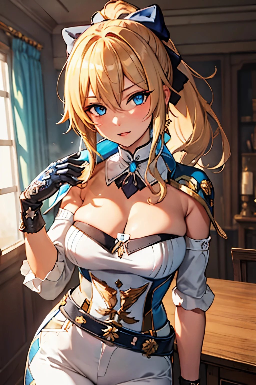 jean, jean, long hair, bangs, blue eyes, blonde hair, bow, hair between eyes, ponytail, hair bow, sidelocks, BREAK gloves, belt, capelet, cleavage, pants, white pants, detached sleeves, detached collar, BREAK outdoors, BREAK looking at viewer, (cowboy shot:1.5), BREAK (masterpiece:1.2), best quality, high resolution, unity 8k wallpaper, (illustration:0.8), (beautiful detailed eyes:1.6), extremely detailed face, perfect lighting, extremely detailed CG, (perfect hands, perfect anatomy),