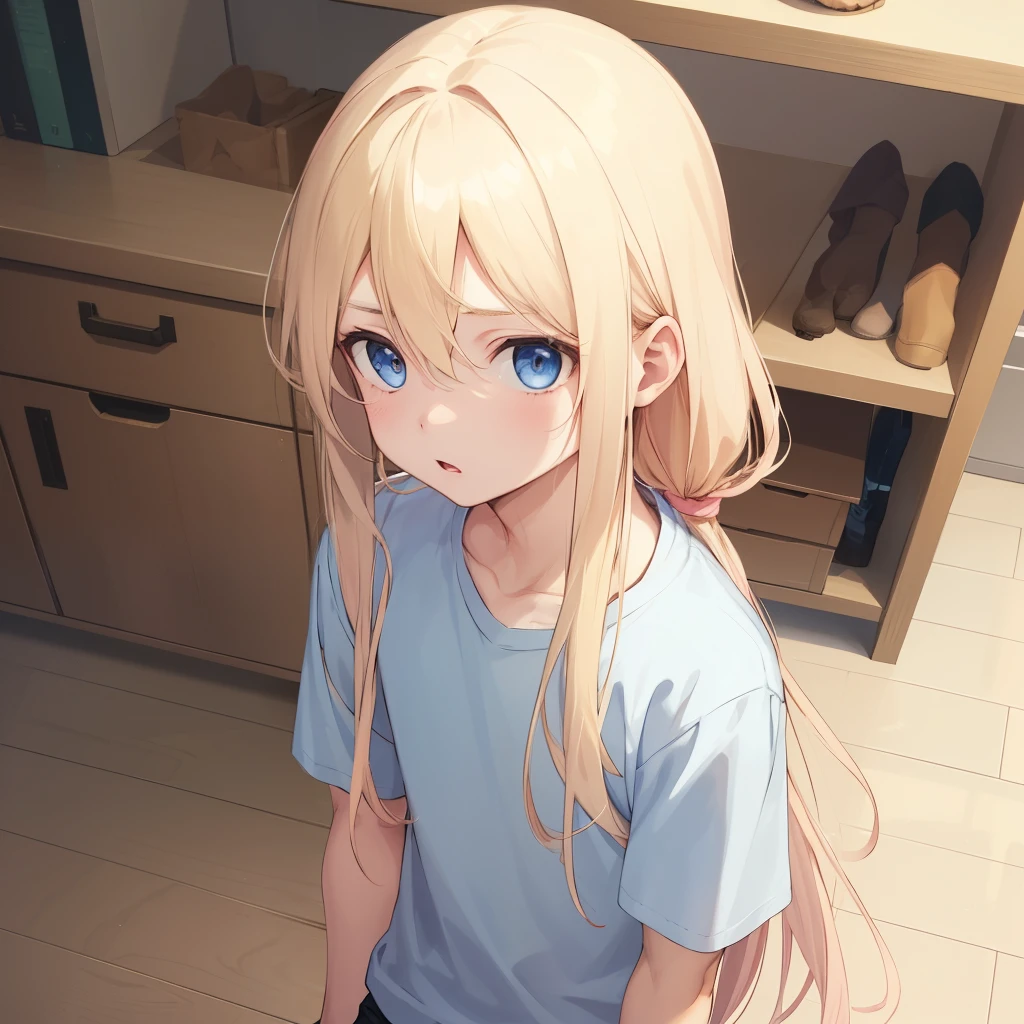 1boy, blonde hair, blue eyes, long hair, pink shirt 