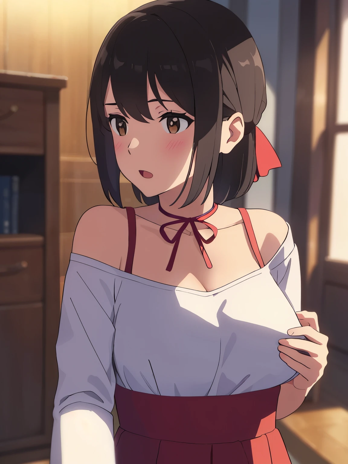 1boy, buzzcut, boy behind girl, touching chest, breatsgrope from behind, grab, grabbing chest,chestgrab behind back, hold breast, hug back, hugging, neck kiss, 1girl, bangs, black hair, blush, brown eyes, red headband, red ribbon, short hair, off shoulder, white dress, cleavage, open mouth, medium breasts, bedroom, night, perfect anatomy