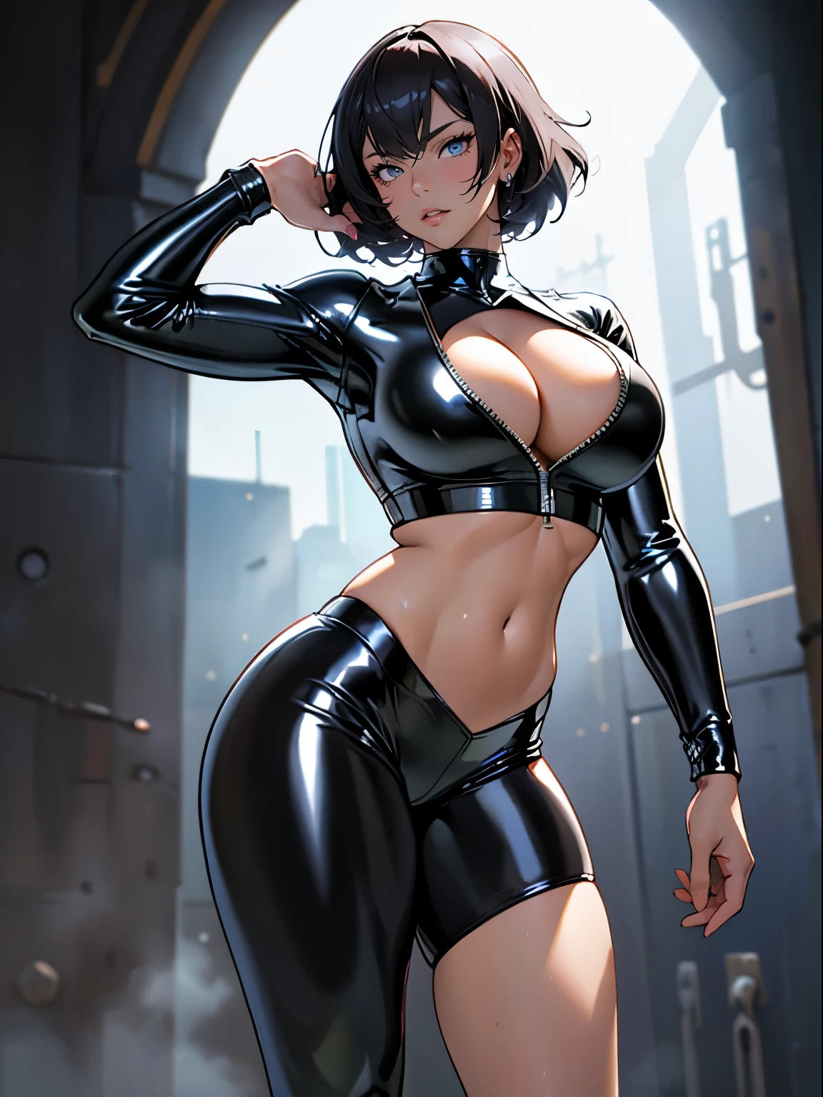 ​masterpiece, ultra-detailliert, 8k, hiquality, Top image quality, digitial illustration, Seductive Anime Girl, Combative posing, Depiction of dense hair, Detailed eye depiction, appearance Splash paint background in colors, Center, ((latex suit:1.3))、((crop top:1.3))、((cleavage:1.3))、((crop top navel))、((highleg:1.3))、((panty peek))、((huge breasts:1.3))、((huge hip:1.3))、((thick thighs))、shiny skin、Sharp Focus, draw the full body, Glossy realistic skin texture, ((Hover effect:1.2)), Precise human body structure、Smooth texture