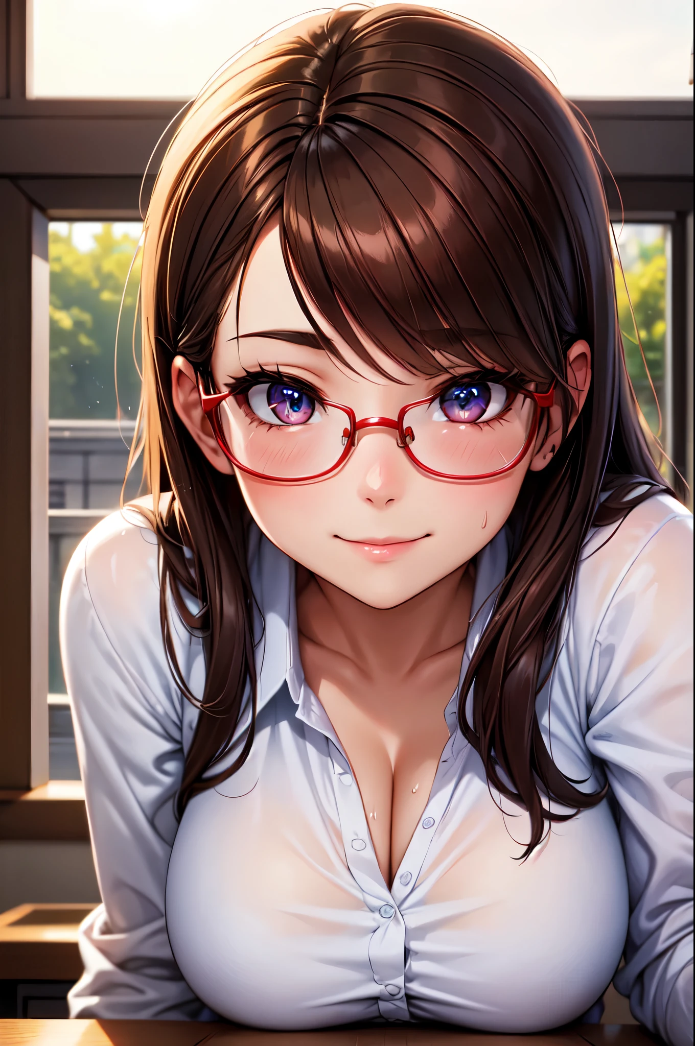 (High quality, High resolution, Fine details), Student's room, BREAK tutor with red underrim glasses, BREAK white shirt, BREAK black blazer, illuminated by soft natural light, solo, curvy women, brown hair, sparkling eyes, (Detailed eyes:1.2), smile, blush, Sweat, Oily skin, shallow depth of field
