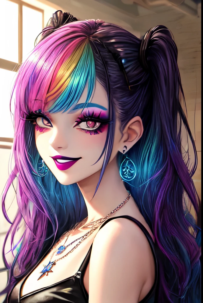 1girl, Holo-Punk Style, rainbow hair, earrings, eyelashes, grin, indoors, jewelry, lips, makeup, necklace, goth