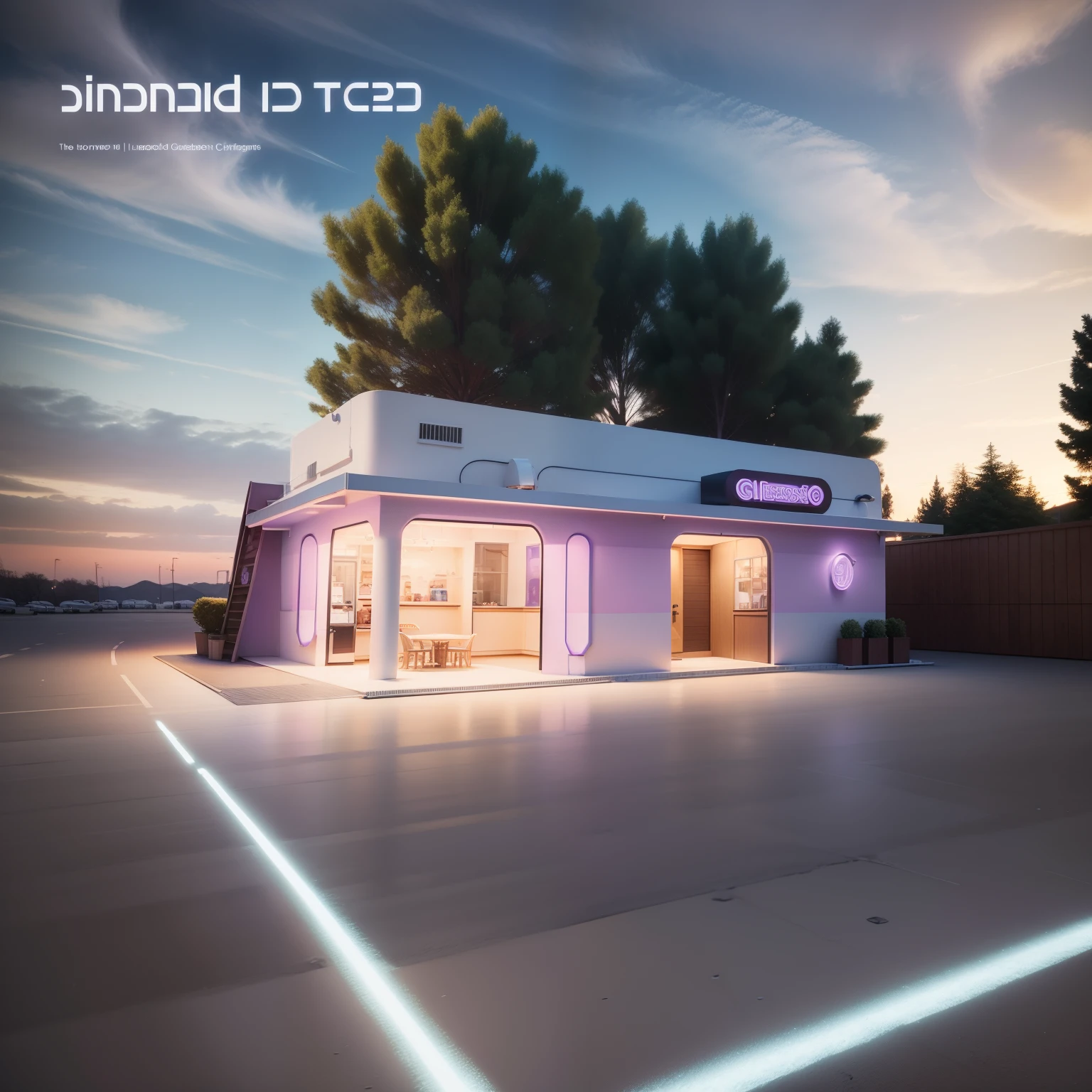 there is a small ice cream shop with a purple and white roof, wide angle exterior 2022, render 3 d, 3d printed building, rendering, wide shot photo, basic photo, highly photographic render, hdrp render, detailed photo, hq render, photographic render, 3d rendering, 3 d rendering, rendering of the windigo, discovered photo