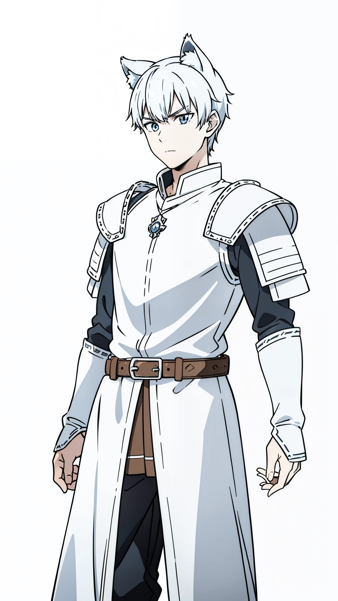 (1boy,16 years old),short hair,solo,white medieval armor,silver hair,wolf ears,((cowboy shot)),(white background,line drawing),looking around,serious,from front,
