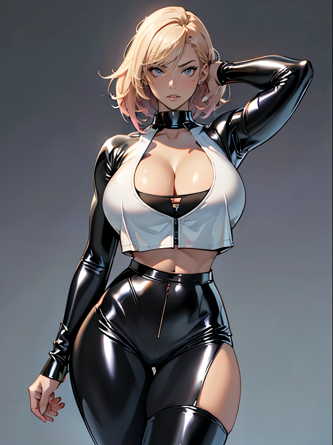 masterpiece, ultra-detailliert, 8k, hiquality, Top image quality, digitial illustration, Seductive Anime Girl, Combative posing, Depiction of dense hair, Detailed eye depiction, appearance Splash paint background in colors, Center, ((latex suit:1.3 crop top:1.3))、((cleavage:1.3))、((crop top navel))、((highleg:1.3))、((panty peek))、((huge breasts:1.3))、((huge hip:1.3))、((thick thighs))、shiny skin、Sharp Focus, draw the full body, Glossy realistic skin texture, ((Hover effect:1.2)), Precise human body structure、Smooth texture