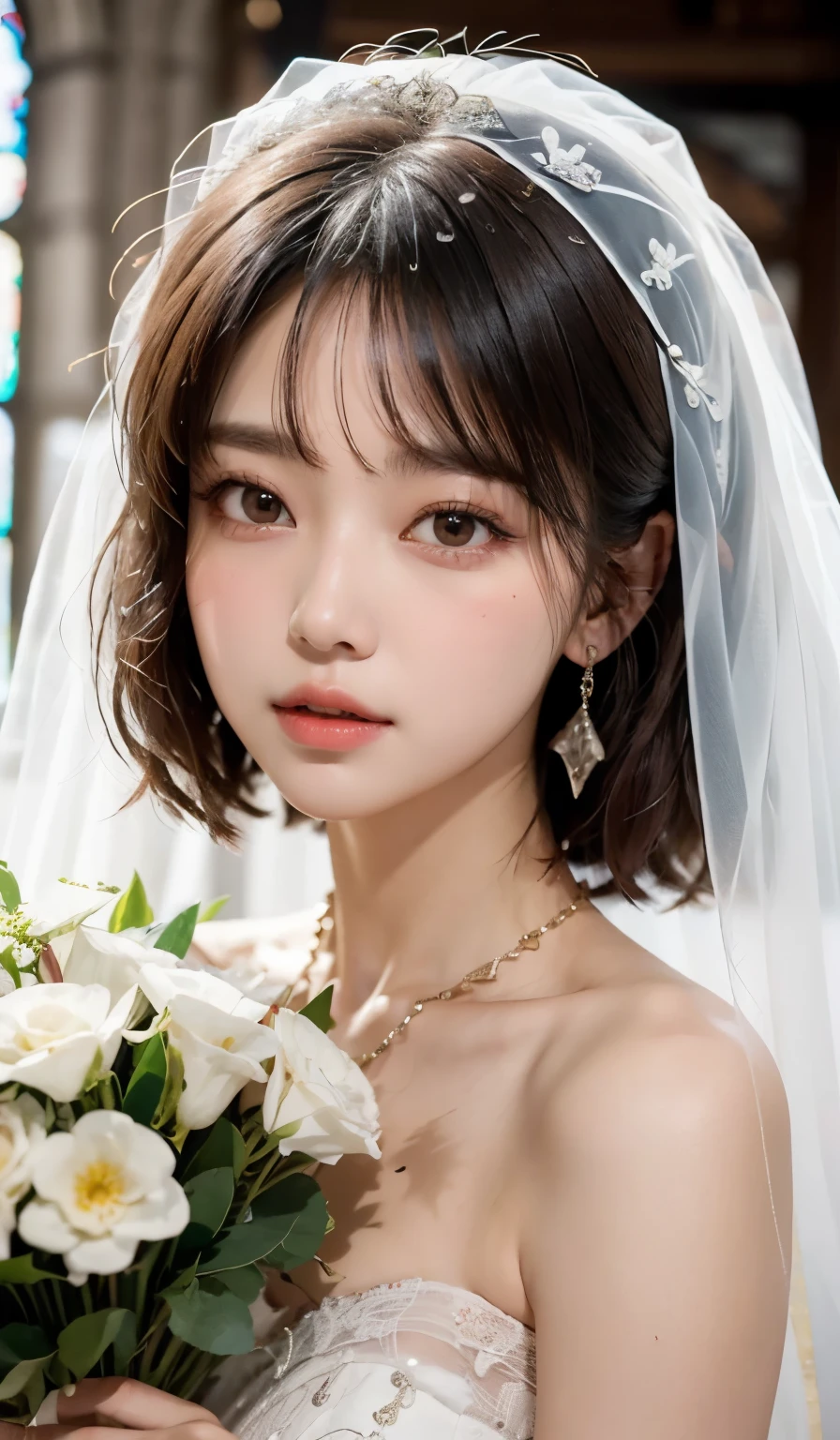 highest quality、masterpiece、Arafed asian woman with necklace, Photos taken by others in 8k, with short hair, Ulzzang, 🤤 girl portrait, Cute girl - well-groomed face, cute realistic portrait, young adorable korean face, Realistic anime 3d style, Portrait rendering in 8k, korean girl, 8k)), cute natural anime face, soft portrait shot 8k、well-groomed bangs、earrings、happy、Wedding dress、wedding style、bride、bouquet、((veil))、(church)、((close your mouth))