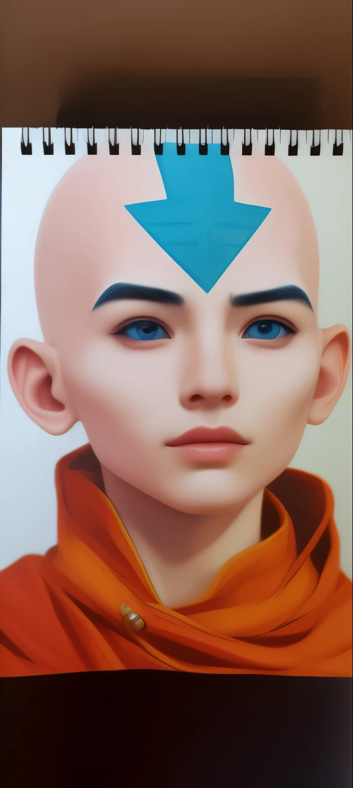 Realistic, perfect skin, no hair, avatar aang, man, simetris eyes