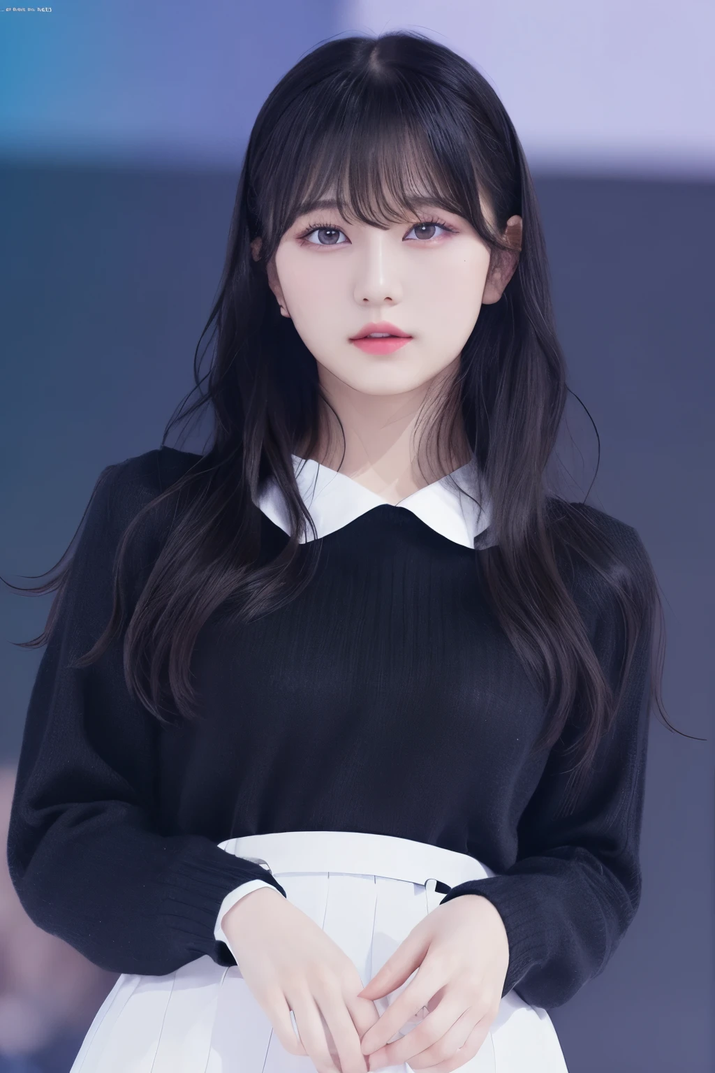 bangs bangs、20-year-oldの女性、portrait photography、long black hair、wear a plain sweater、masterpiece,(realistic), High-definition CG integrated 8K wallpaper, (headquarters skin:1.2),8k UHD, Digital single-lens reflex camera, high quality, 1 girl, 20-year-old, dance on stage)), black eyes, beautiful and detailed eyes, (real skin), beautiful skin, Charm, 超High resolution, ultra-realistic,High resolution,