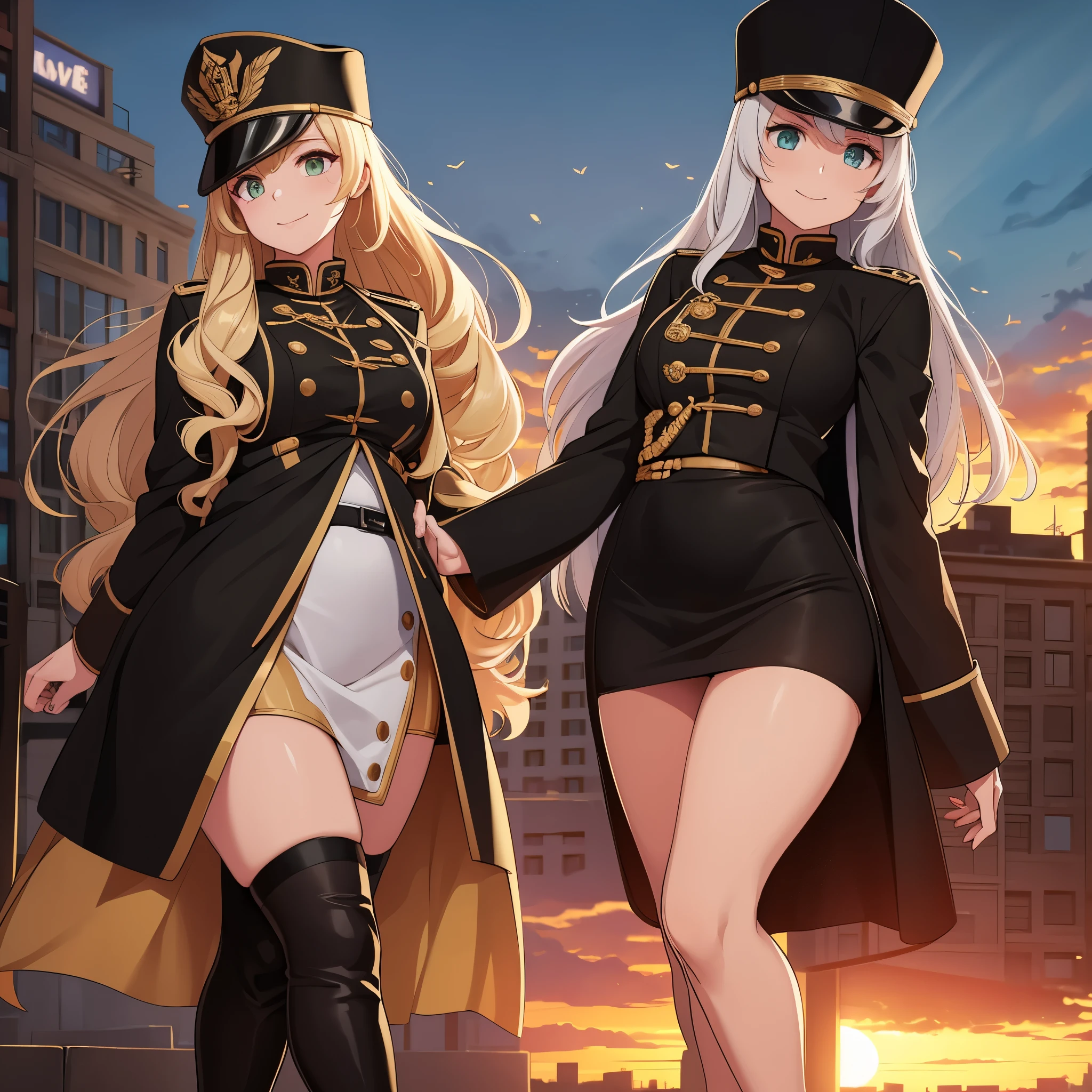 A woman wearing a long black Marching band uniform with gold details, curly hair, silver hair, Marching band hat, olive green eyes, smiling, in a big city at sunset.