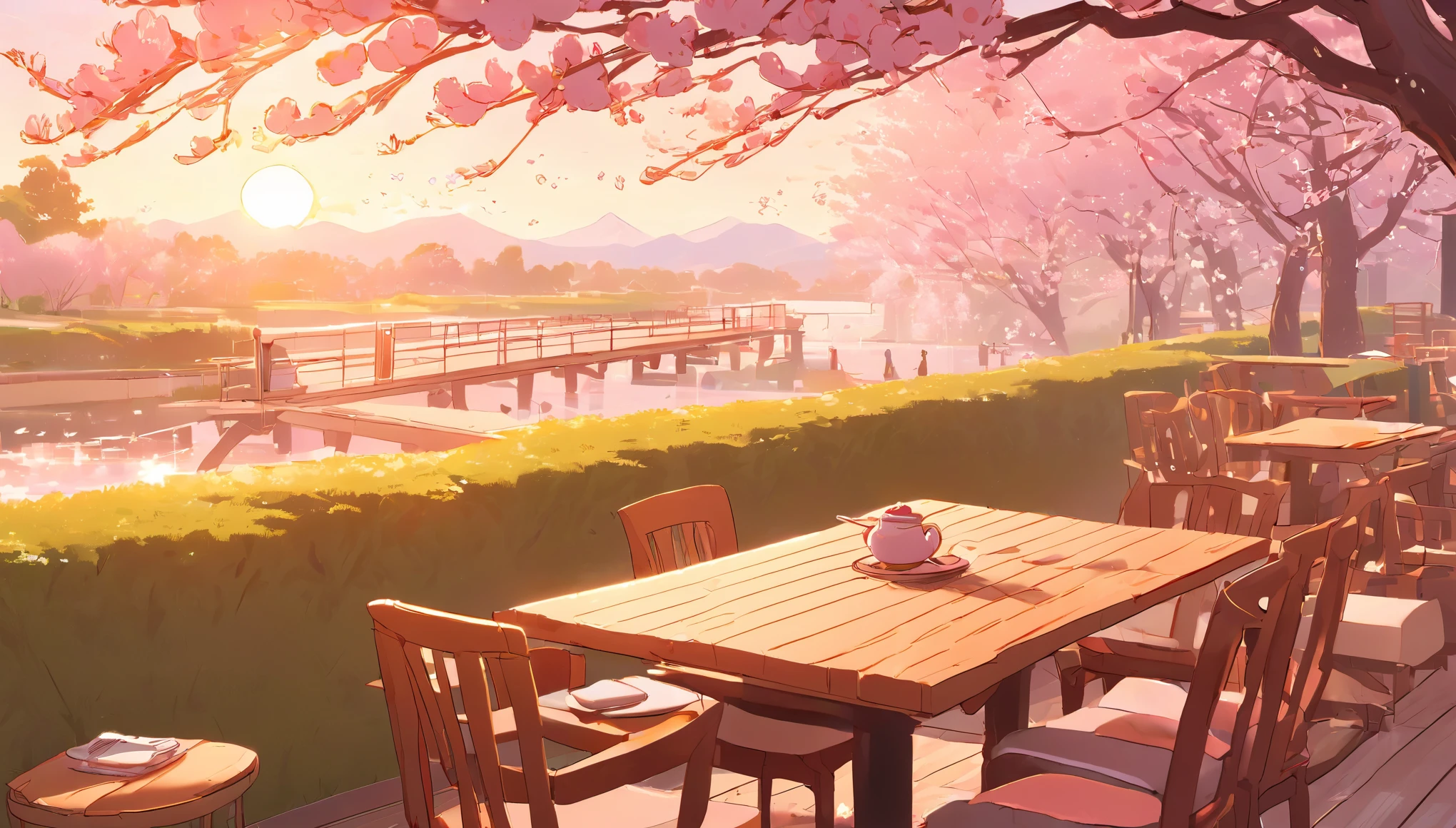 (((Terrace seats outside a stylish cafe))), (((stylish white and beige interior))), (((fluffy cushions, sofa, and table)))), ((no one). ), ((Laptop on the table, breakfast)), ((Beautiful sunrise over the computer)), (You can see the cherry blossom trees and park in front of you.), Beautiful anime scenes, anime background art, Anime scenery concept art, Makoto Shinkai style, Studio Glibri Makoto Shinkai, Studio Ghibli smooth concept art, Japanese art style, anime scenery, traditional Japanese concept art, beautiful anime scenery, natural atmosphere. It has a bright, natural atmosphere and is very relaxing. chill, cozy,