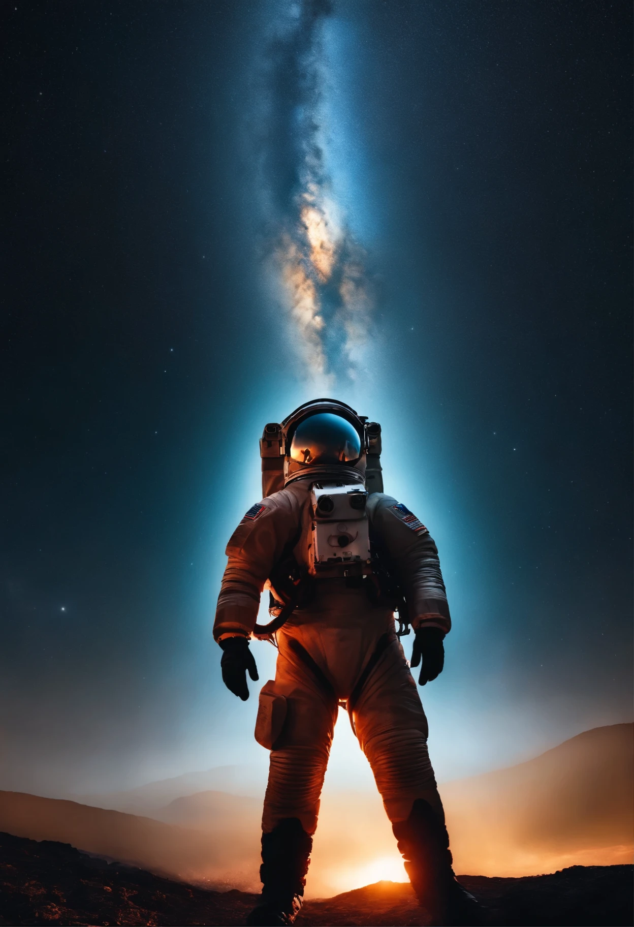 Fondo azul rey despues hay varios cohetes grises azules, y les sale fuego , hay planetas de fondo con crateres y astronautas mezclados todos