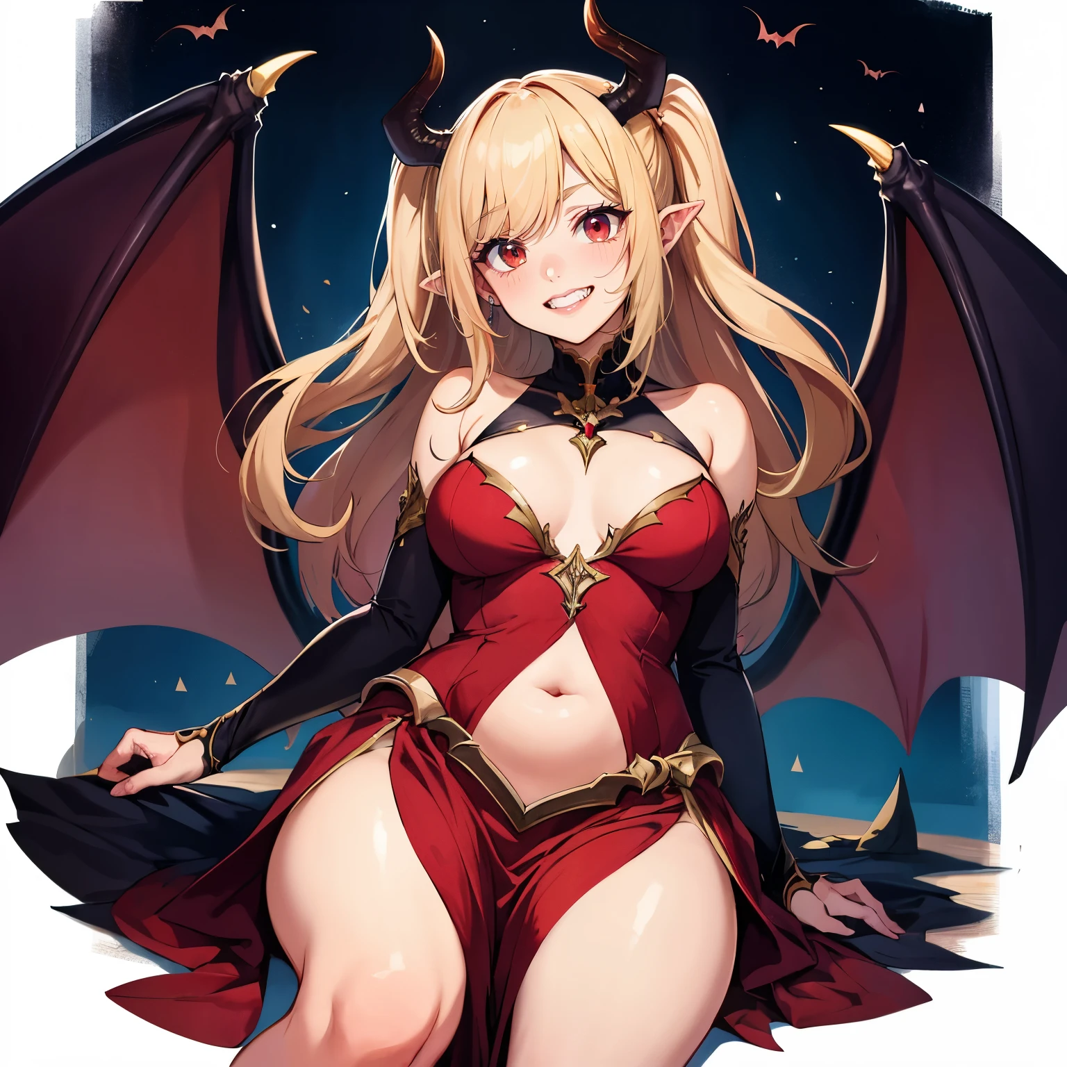 anatomically correct, (masterpiece), highest quality, (sharp details), expressive eyes, ((Improve)).1 girl,succubus,empty eyes, red eyes, looking at the viewer,Composition from below, emphasize the legs,heavy breathing, grin, long hair, pointed ears, purple dress,luxurious dress,bare shoulders,belly button, bat print, bat wings, devil's tail,bridal gauntlet, sitting,