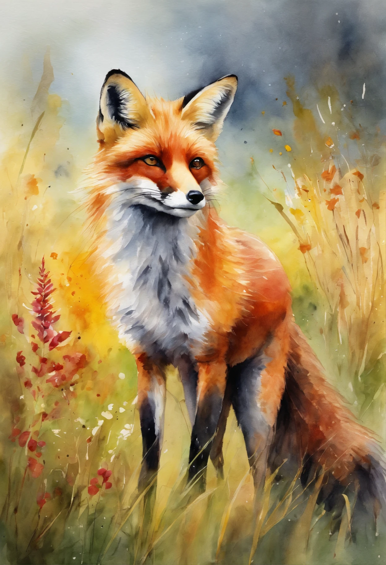 Red furry fox, Yellow eyes, smile, Embrace, running, spray, meadow, grass, Rainbow, Young woman