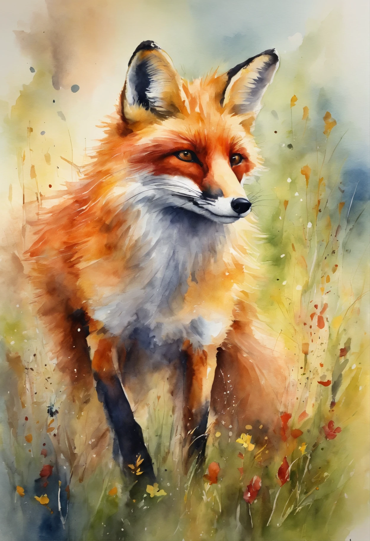 Red furry fox, Yellow eyes, smile, Embrace, running, spray, meadow, grass, Rainbow, Young woman