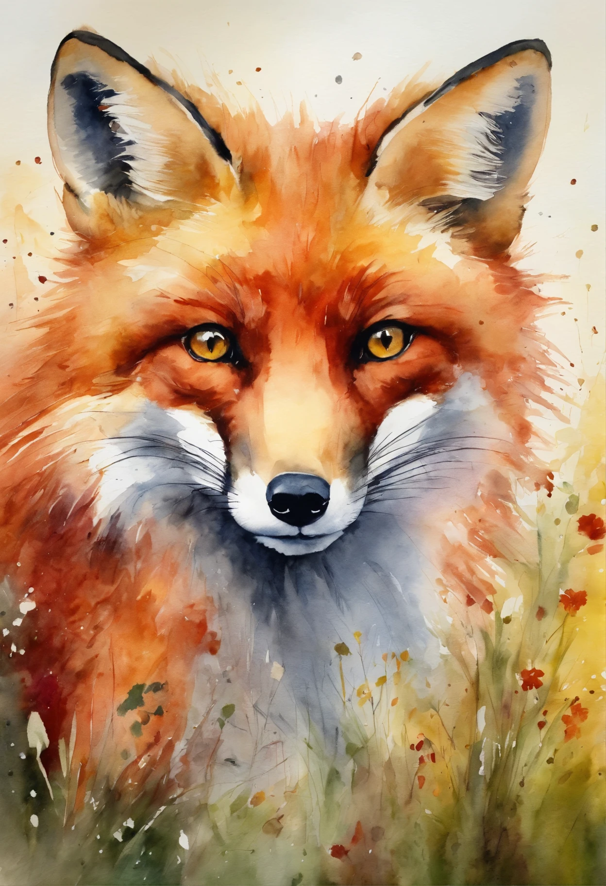 Red furry fox, Yellow eyes, smile, Embrace, running, spray, meadow, grass, Rainbow, Young woman