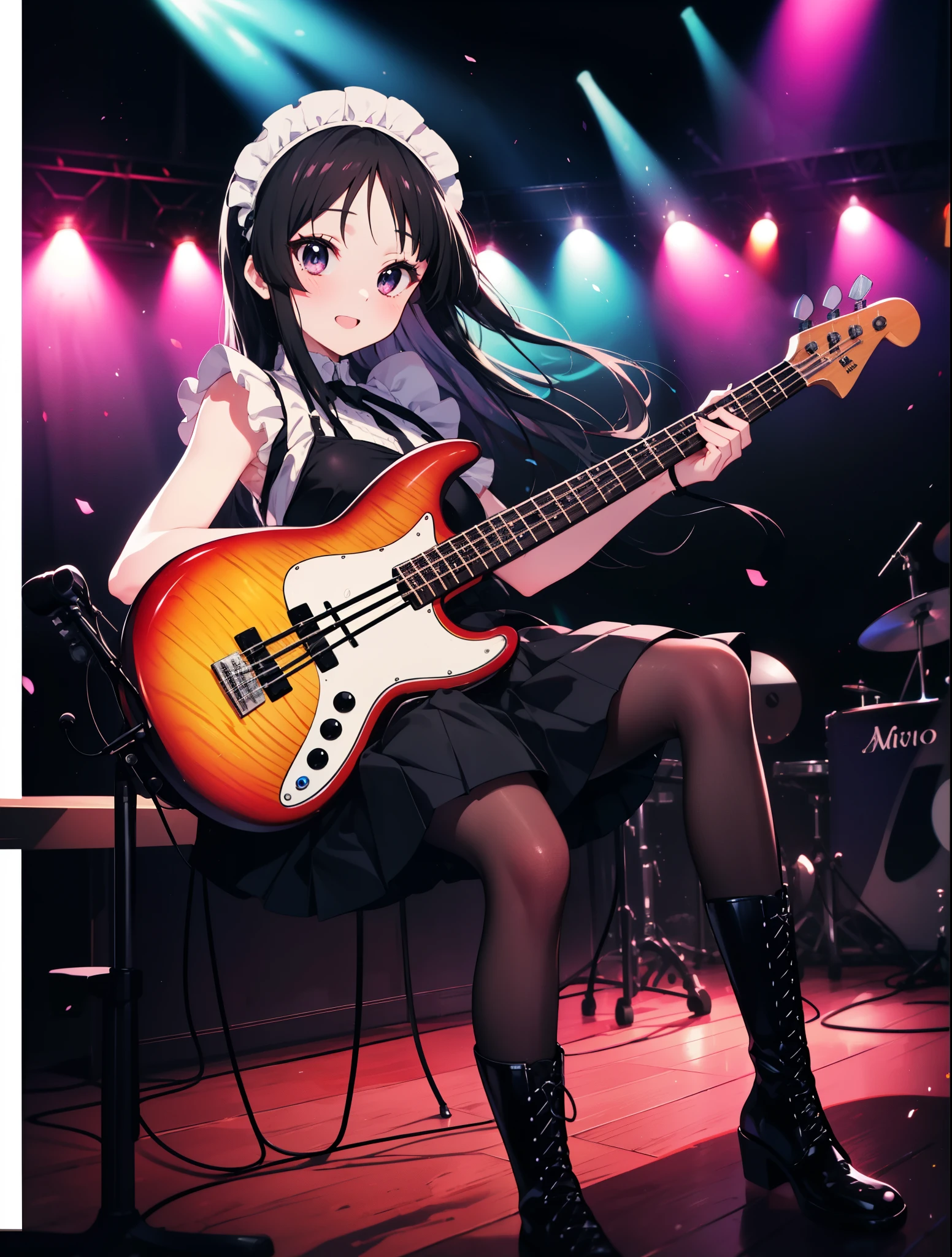 Mount Mimyeon, mio akiyama, (black ruby eye:1.5), black hair, long hair, maid,long skirt,black tights,short boots,left handed base(fender jazz bass)play、rock band concert, musical instrument performance, stageパフォーマンス, hot air,happy atmosphere、Clip Studio、shape of transparency and brightness,close ~ eye、laughter,stage,On stage,break (table top:1.2), highest quality, High resolution, unity 8k wallpaper, (shape:0.8), (beautiful and fine eye:1.6), highly detailed face, perfect lighting, Detailed CG, (perfect hands, perfect anatomy),