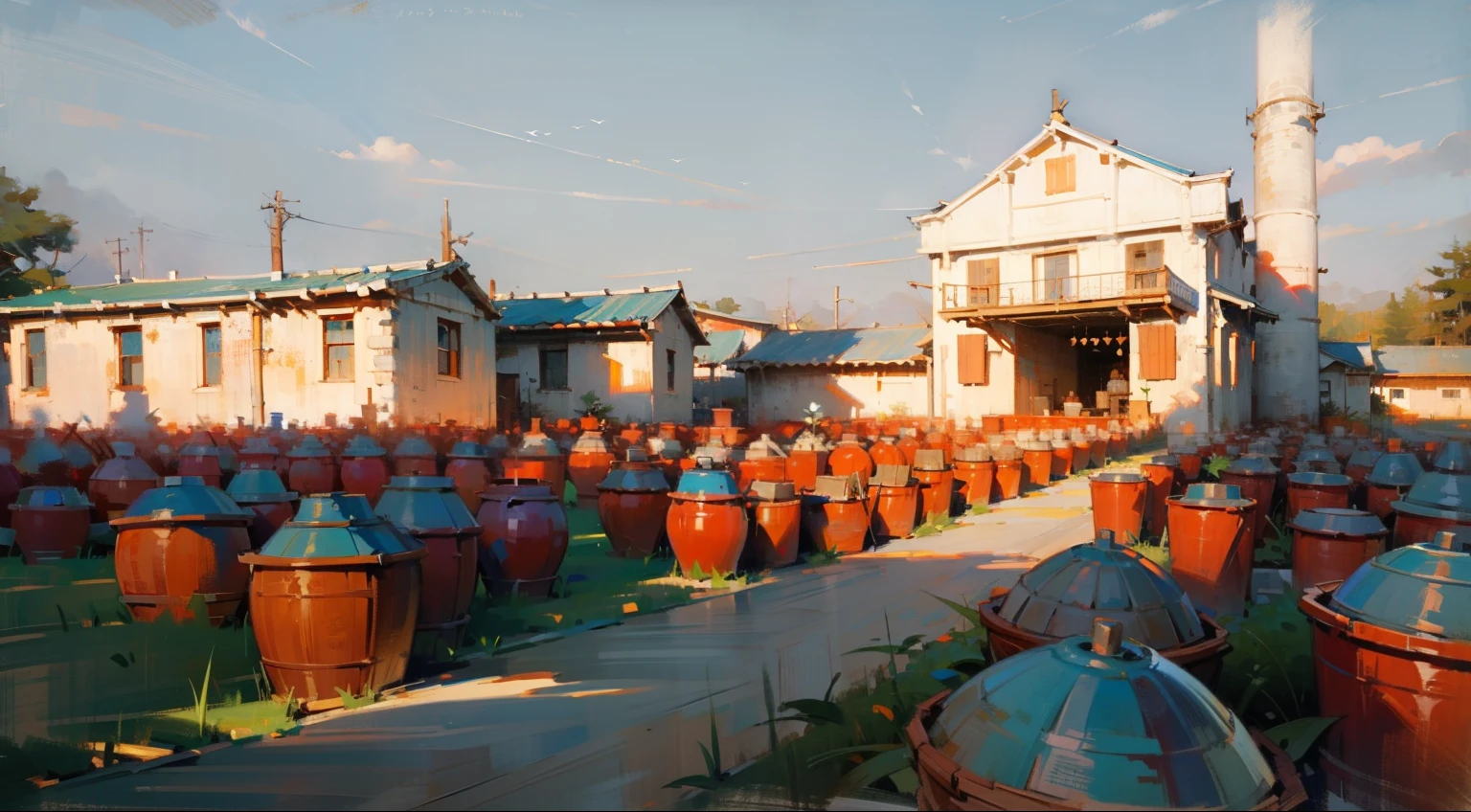 There are many vases in front of the building, Production volume rendering, Rows of old houses in the background of the log pile factory, There are many bamboo baskets on the ground,rattan basket on the ground,Impressionism,oil paint strokes,Sunlight,passers-by,