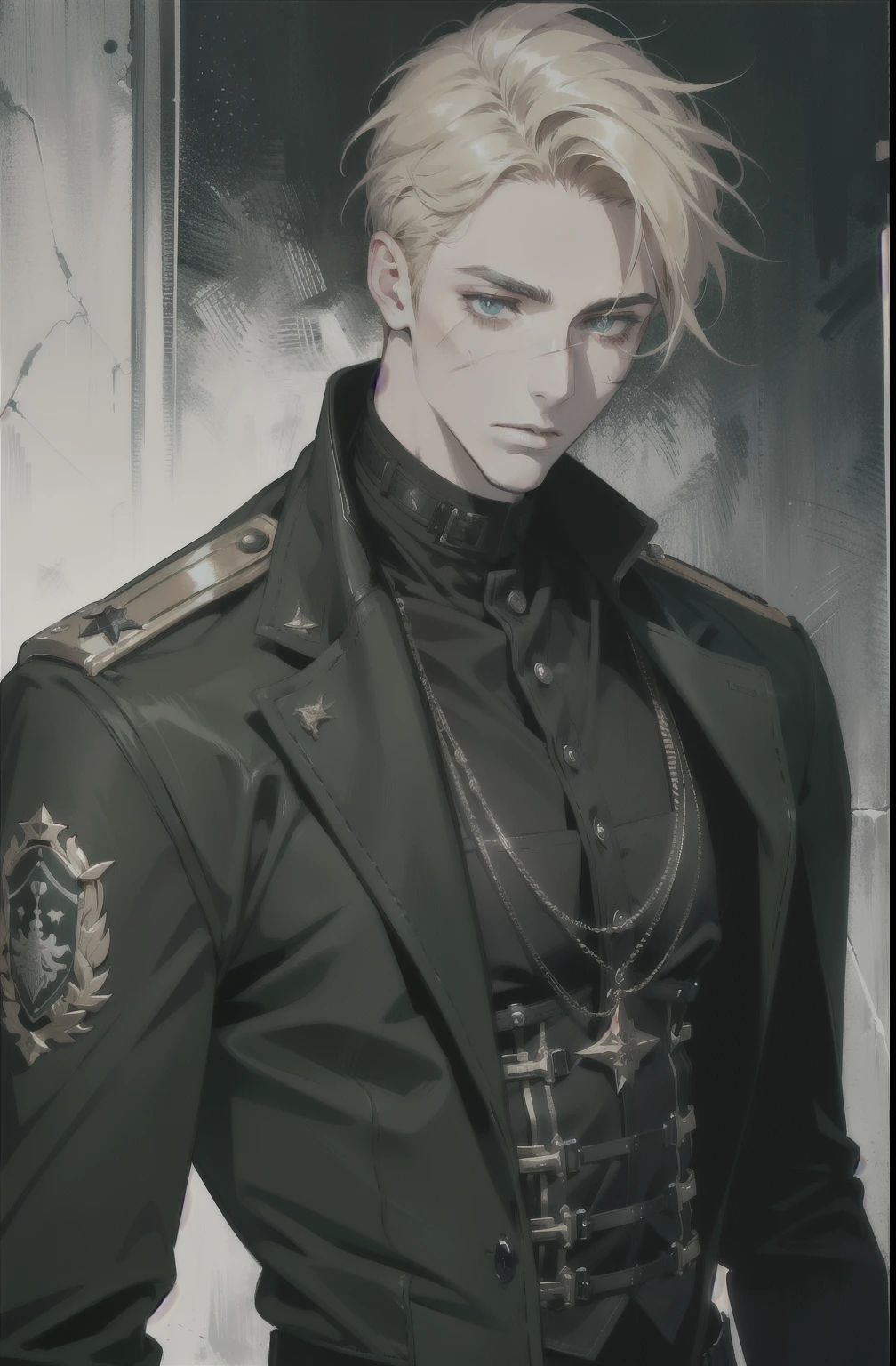 (absurdres, highres, ultra detailed), 1 male, adult, handsome, tall guy, broad shoulders, finely detailed eyes green and detailed face large ((SCAR ON FACE)) with leather clothes, gothic, solider uniform messy blonde hair 