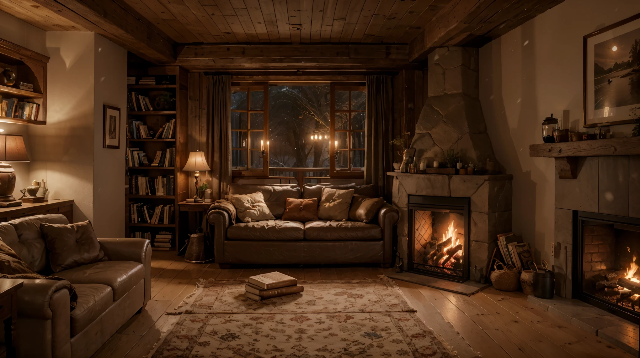 (balcony cave house) big window with a view of winter, arafed room, fireplace, snow, a view of spring, waterfalls outside, cozy place, books place, warm beautiful scene, cozy atmospheric, cozy environment, cozy setting, cozy enchanted scene, very realistic, cozy atmosphere, cozy and peaceful atmosphere, cozy and calm, beautiful detailed scene, spring time, very very realistic, ✨🕌🌙, cozy wallpaper, unreal engine ; romantic theme