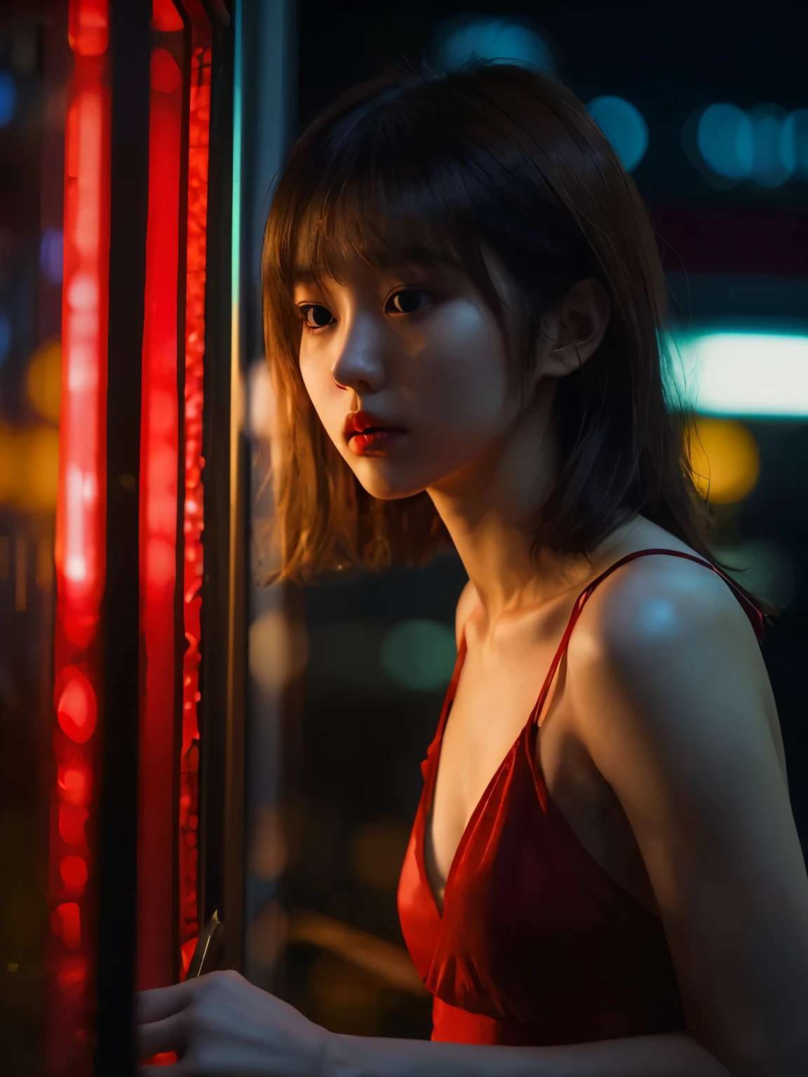 backlight dramatic night photography, night scene, 30 years japanese girl, pale face, very thin body, brown hair, wearing red brassiere & pants, trapped inside red glass square display, dramatic source of light