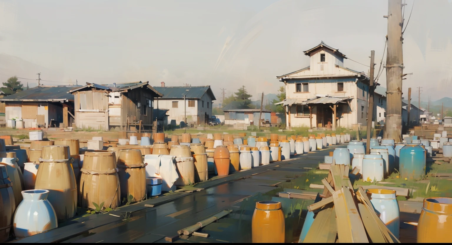There are many vases in front of the building,  Production volume rendering, Rows of old houses in the background of the log pile factory, There are many bamboo baskets on the ground，rattan basket on the ground，Impressionism，oil paint strokes，Sunlight，passers-by，